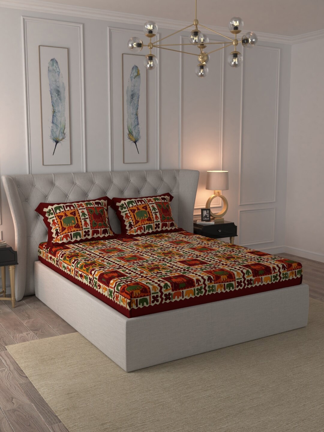 

JAIPUR FABRIC Maroon & Beige Cotton 120 TC Queen Bedsheet with 2 Pillow Covers