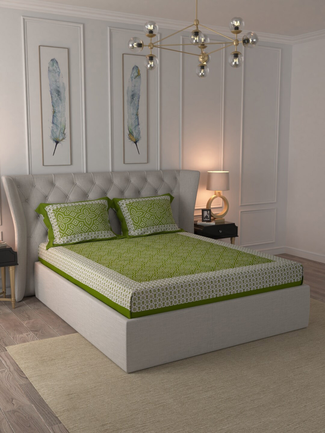 

JAIPUR FABRIC Green & White Bandhej Pattern Screen Print 120 TC Cotton Queen Bedsheet Set
