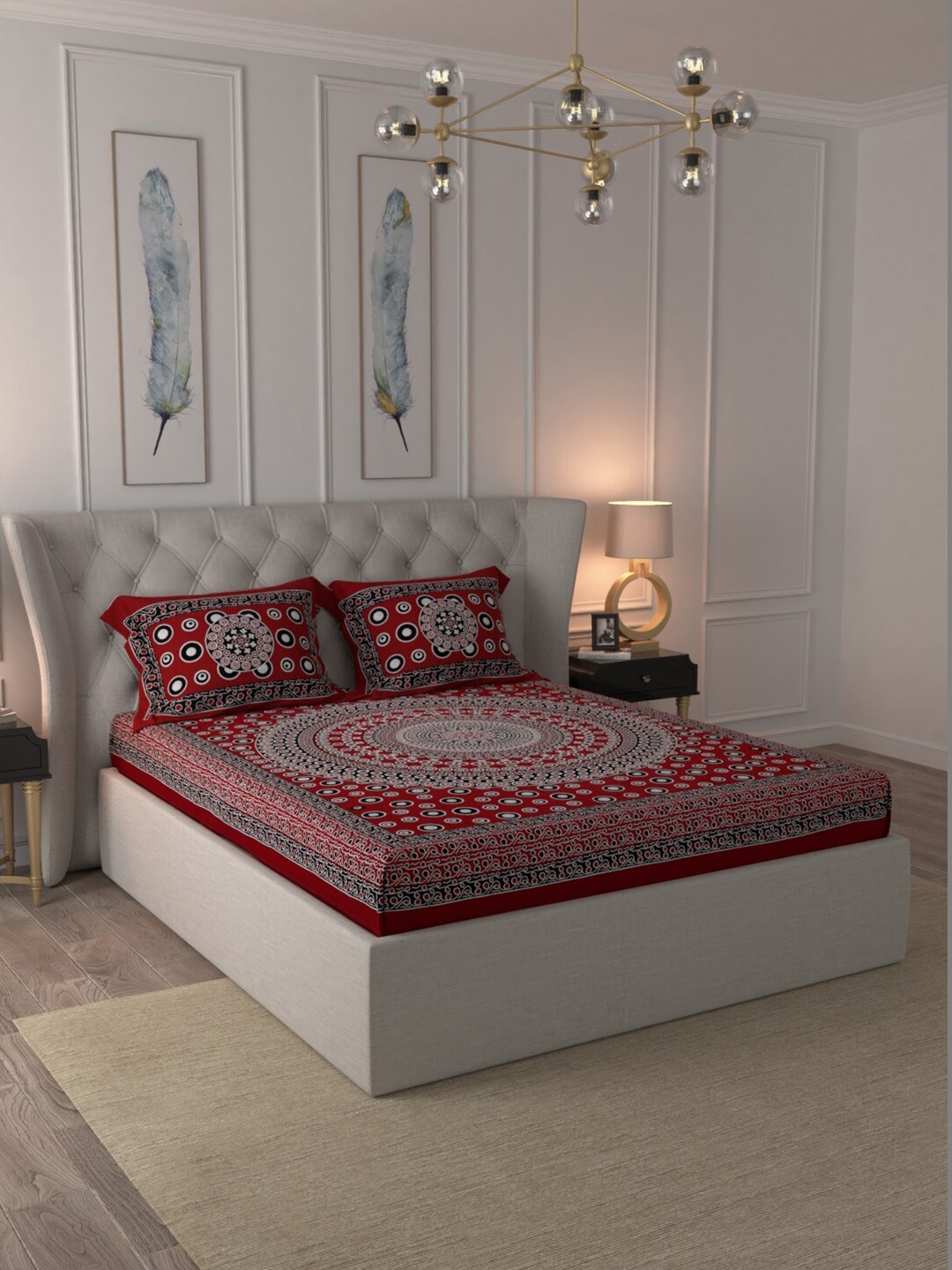 

JAIPUR FABRIC Maroon & White Floral 120 TC Queen Bedsheet with 2 Pillow Covers