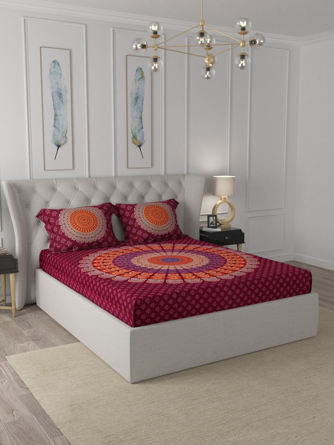 

JAIPUR FABRIC Red & Orange Cotton 120 TC Queen Bedsheet with 2 Pillow Covers