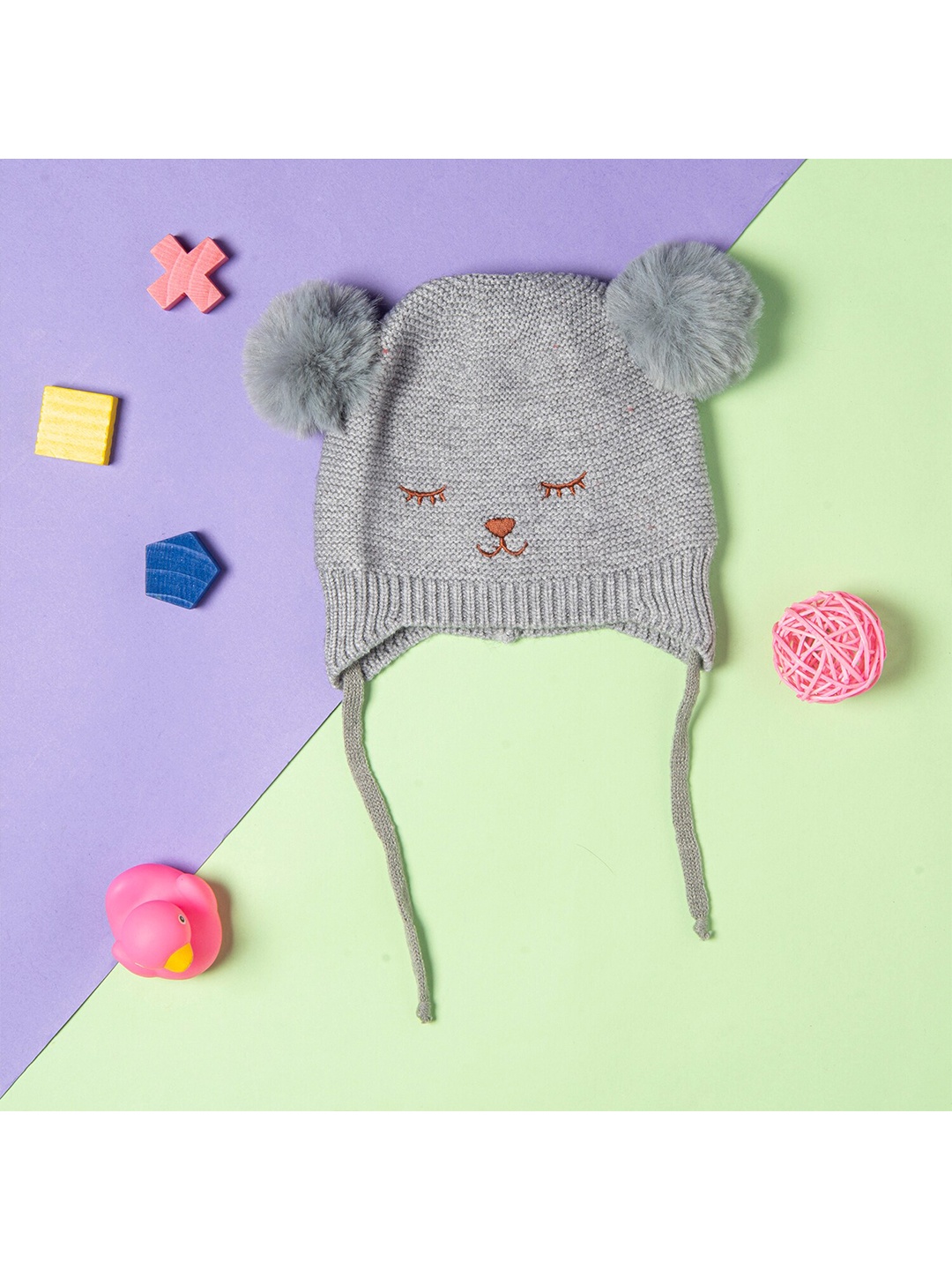 

Baby Moo Unisex Kids Grey & Brown Woollen Beanie With Tie Knot For Ear Cover