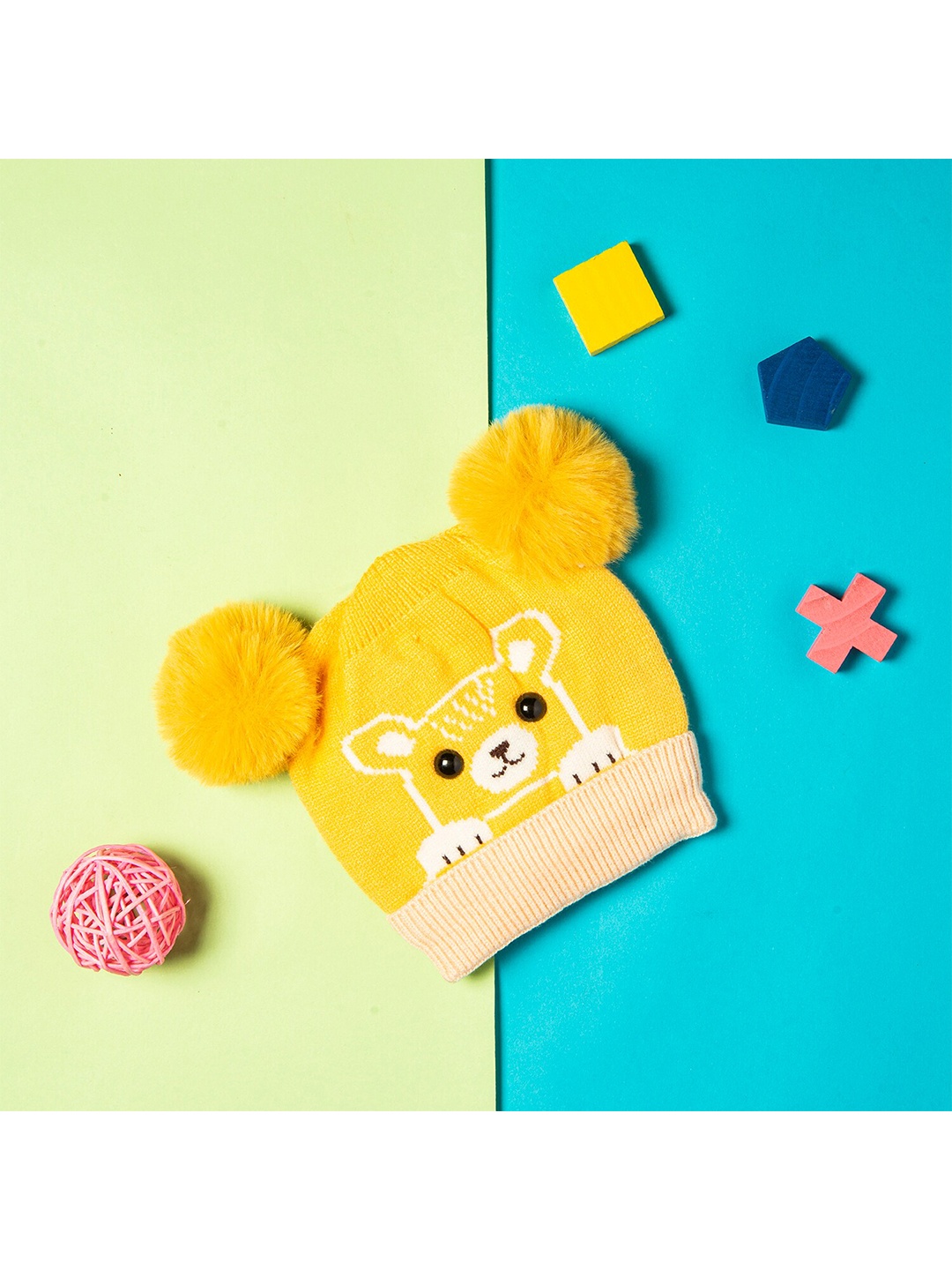 

Baby Moo Kids Yellow & White Bear Woolen Beanie
