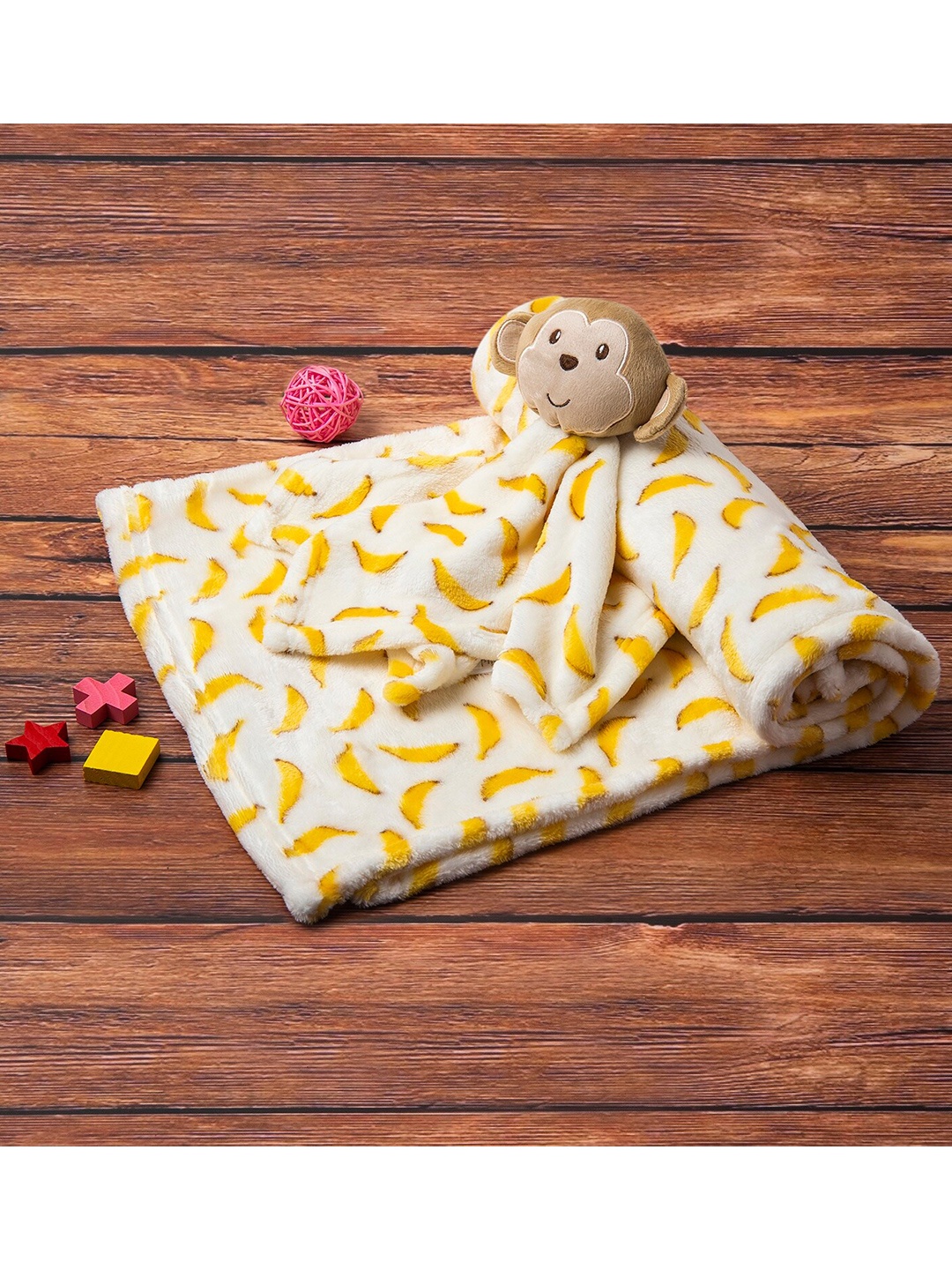 

Baby Moo Yellow & White Monkey Plush Toy AC Room 210 GSM Single Bed Blanket