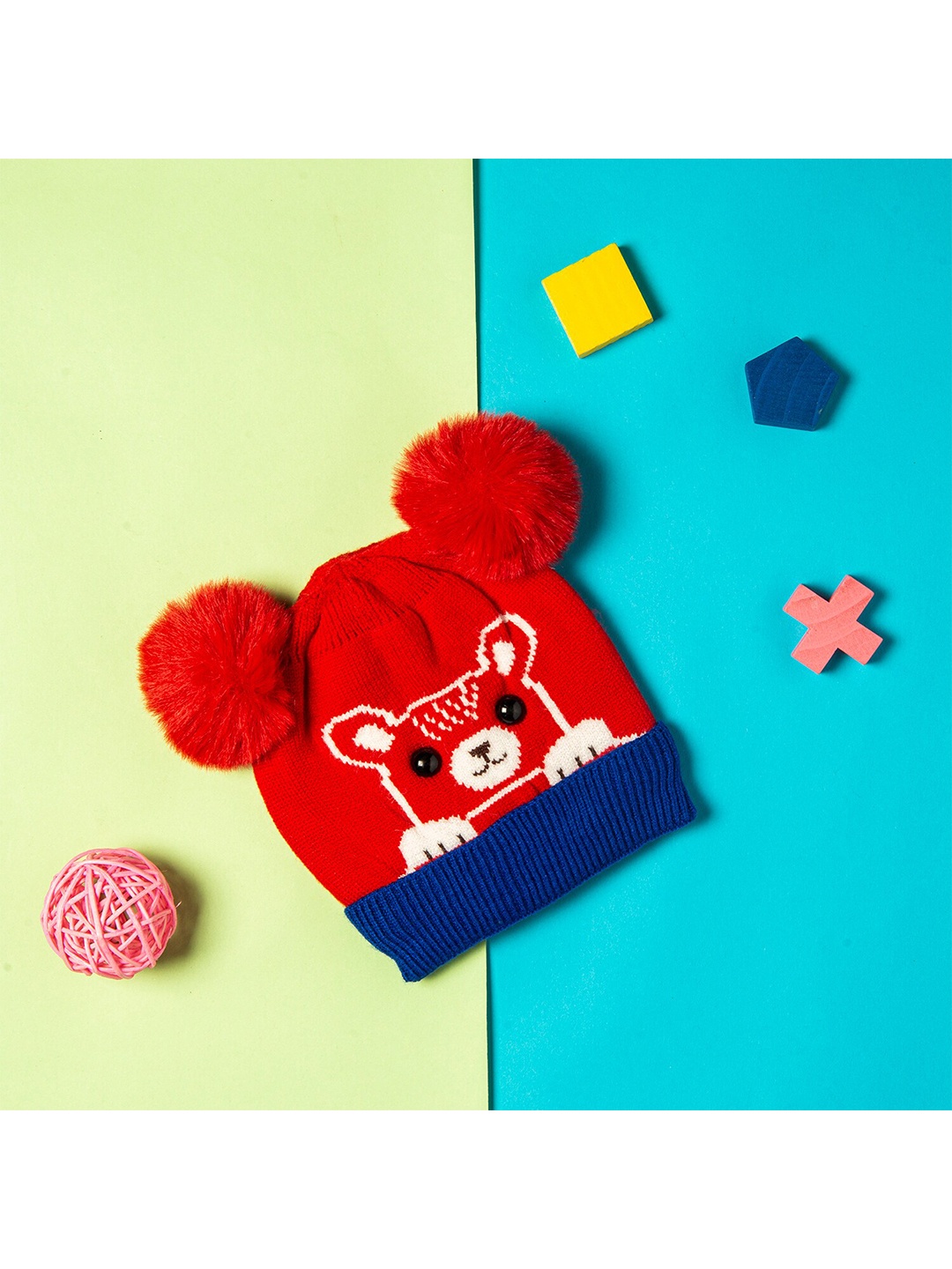 

Baby Moo Unisex Kids Red & Blue Knit Woollen Pom Pom Beanie