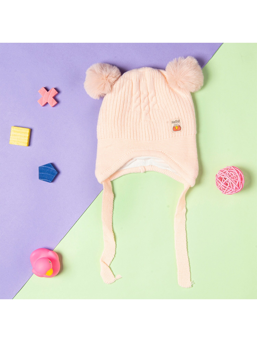 

Baby Moo Unisex Kids Peach-Coloured Woollen Cap With Tie Knot Beanie
