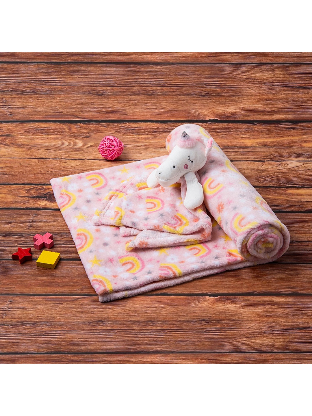 

Baby Moo Yellow & Pink Unicorn Plush Toy AC Room 210 GSM Single Bed Blanket