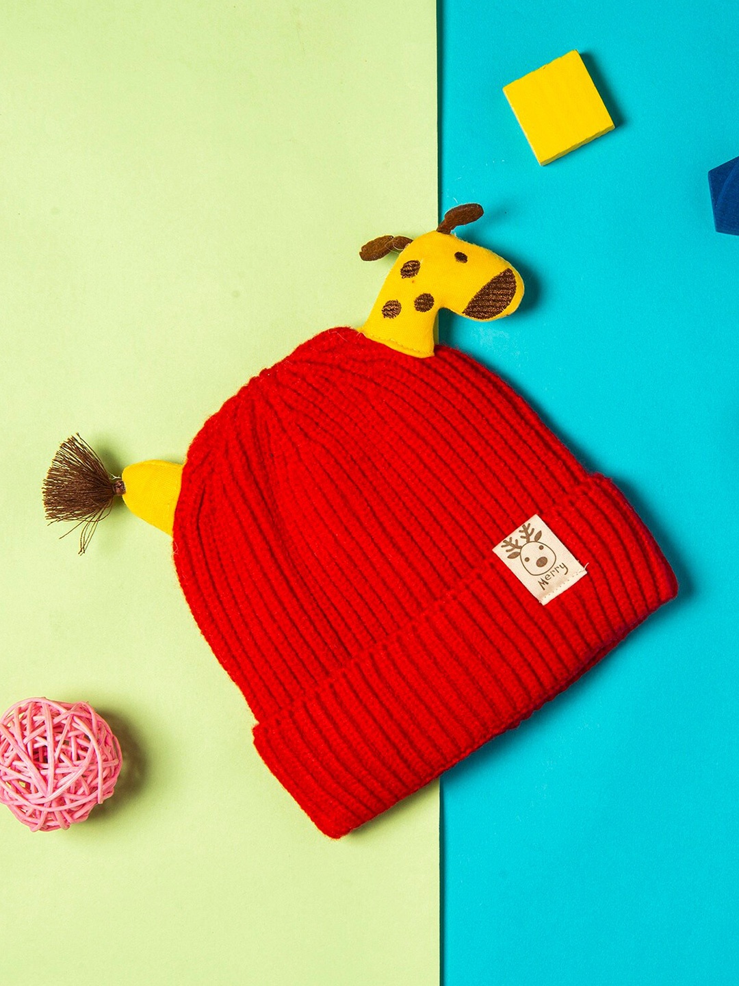

Baby Moo Kids Red & Yellow 3D Reindeer Antler Woolen Beanie
