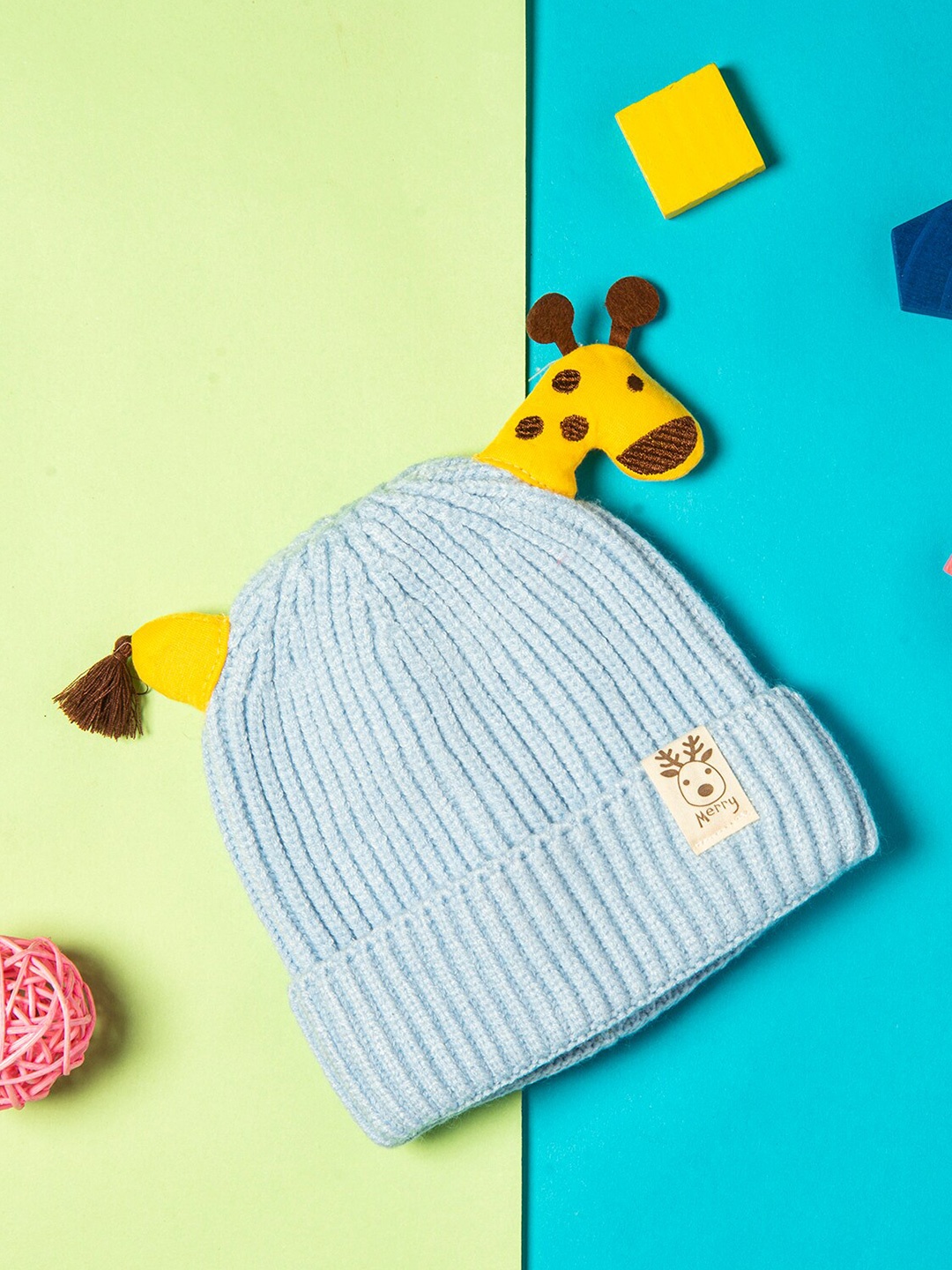 

Baby Moo Unisex Kids Blue & Yellow Woollen 3D Reindeer Beanie