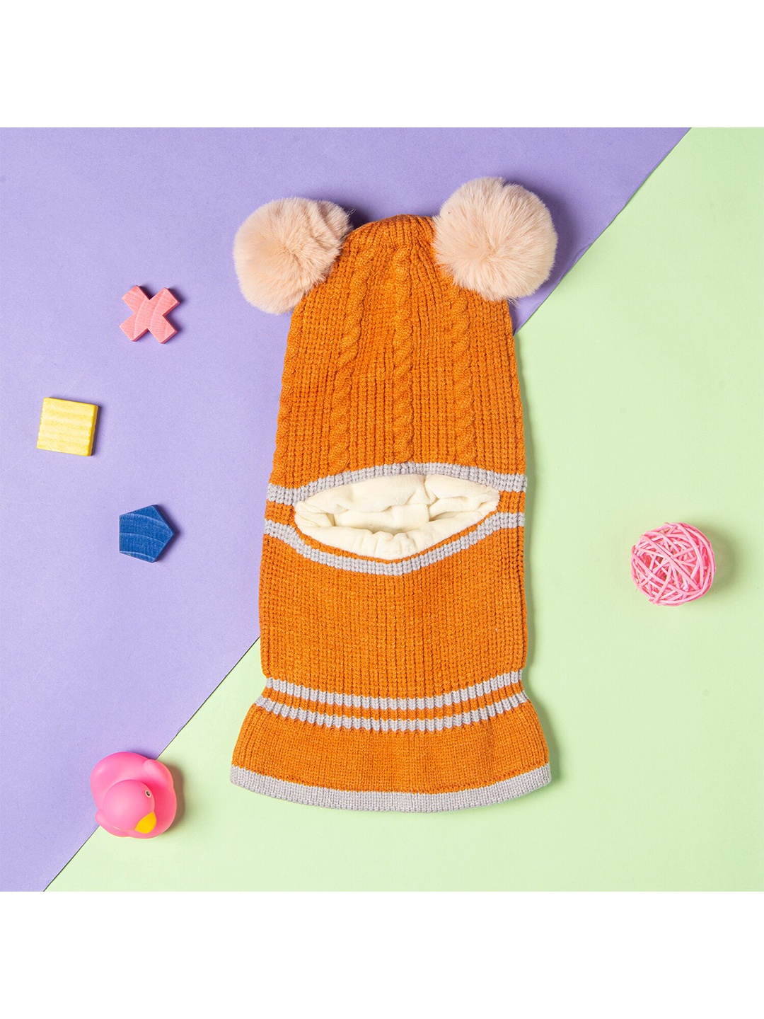 

Baby Moo Kids Brown & Beige Woollen Pom Pom Balaclava