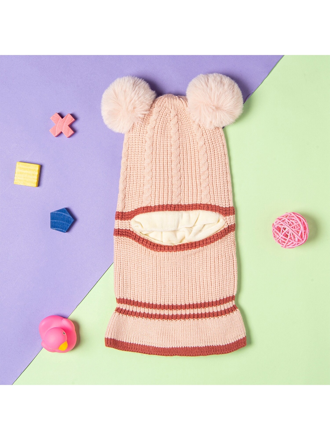 

Baby Moo Kids Beige & Brown Woolen Balaclava with Pom Pom
