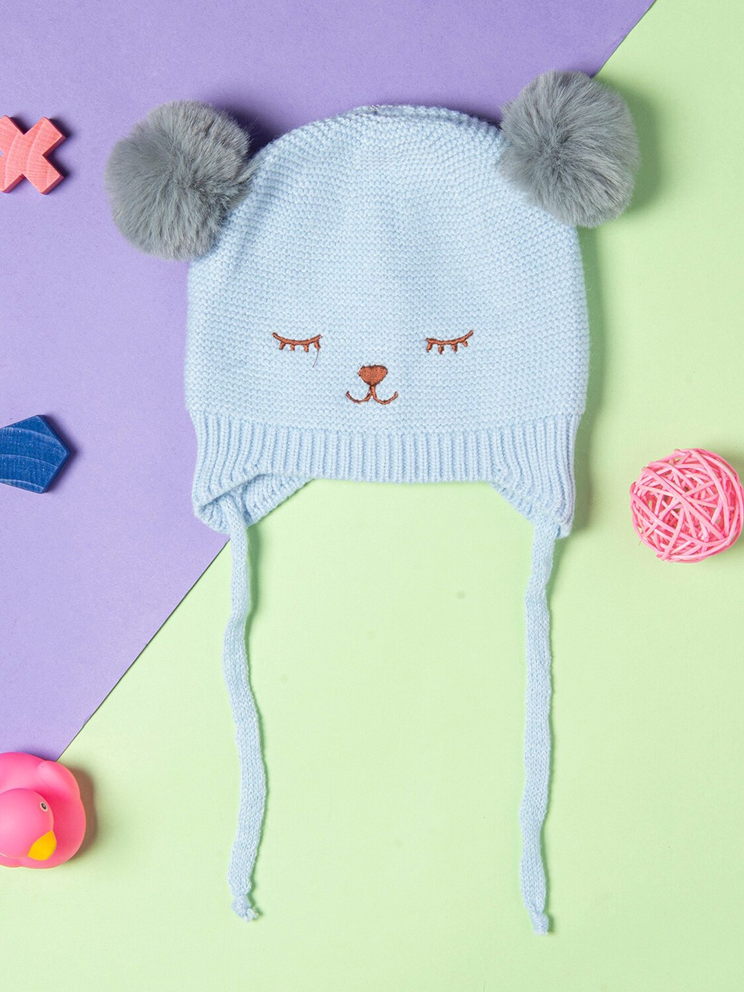 

Baby Moo Kids Blue & Grey Woollen Cap With Tie Knot