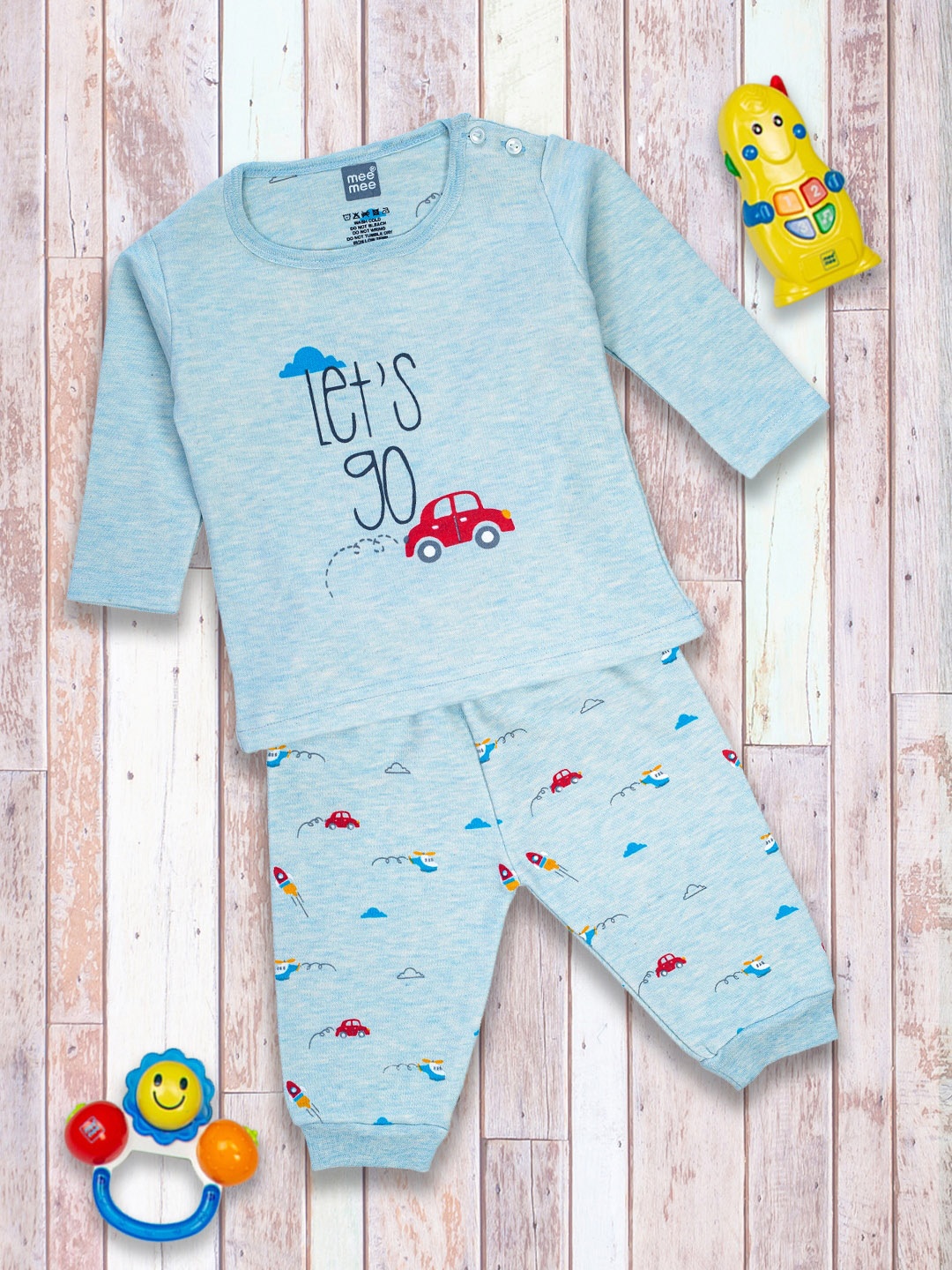 

MeeMee Unisex Kids Turquoise Blue & Red Printed Pure Cotton Night suit