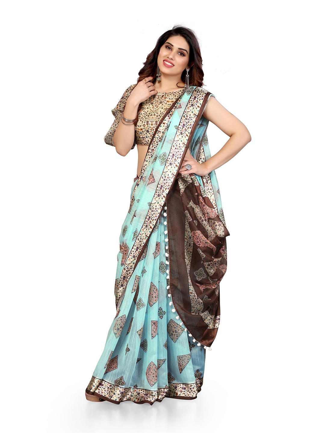 

KALINI Green & Brown Floral Bagh Saree