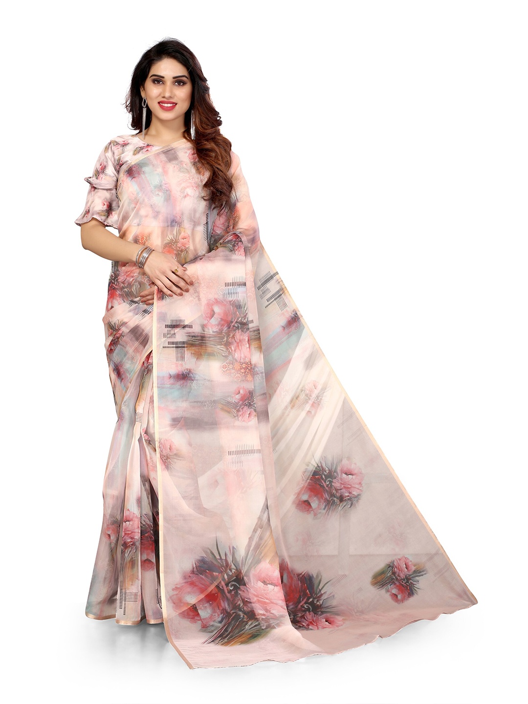 

KALINI Peach-Coloured & Green Floral Printed Zari Organza Bagh Saree