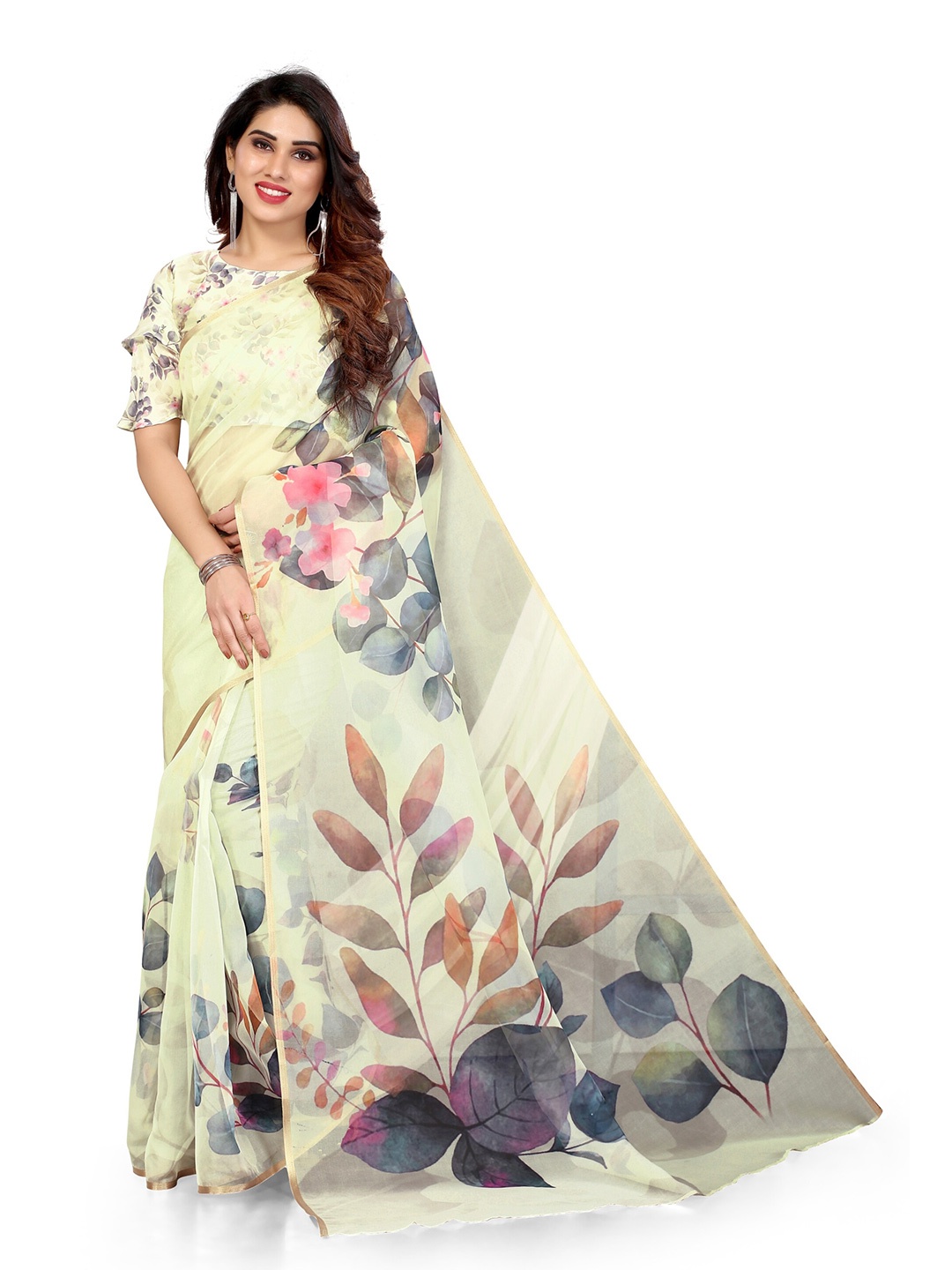 

MIRCHI FASHION Yellow & Blue Floral Zari Organza Bagh Saree