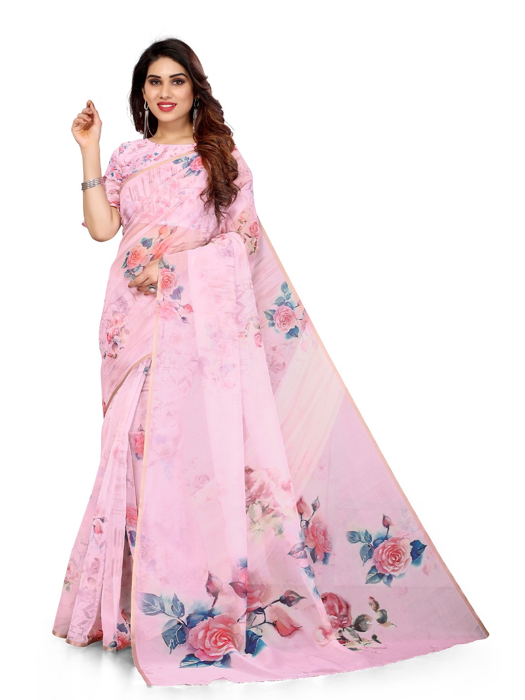 

KALINI Pink & Blue Floral Zari Organza Bagh Saree