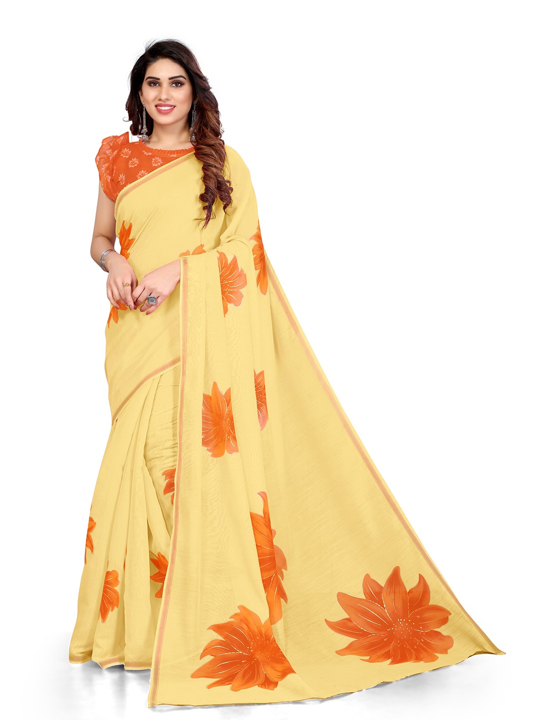 

KALINI Yellow & Orange Floral Printed Zari Bagh Saree