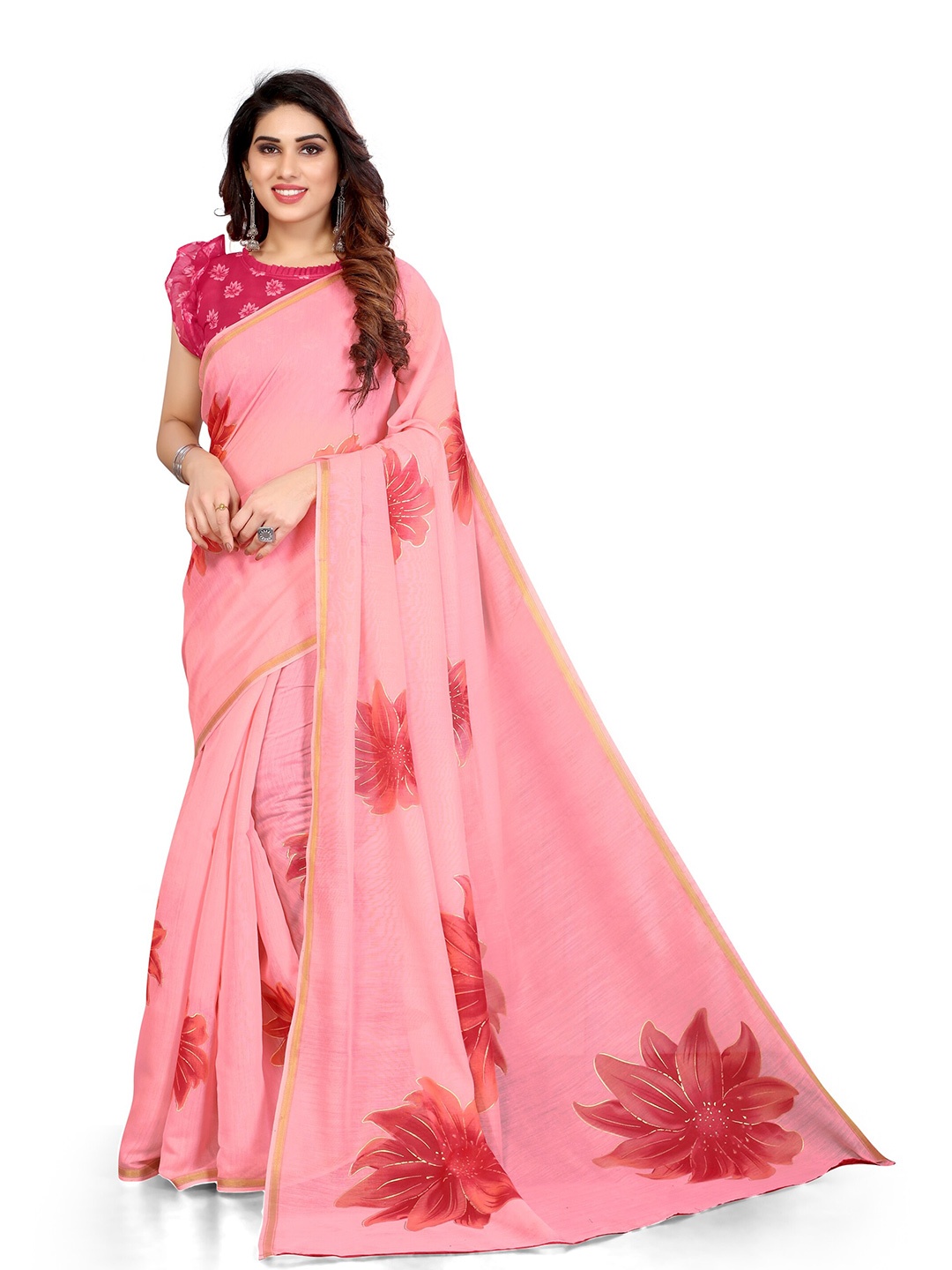 

KALINI Pink & Red Floral Zari Bagh Saree