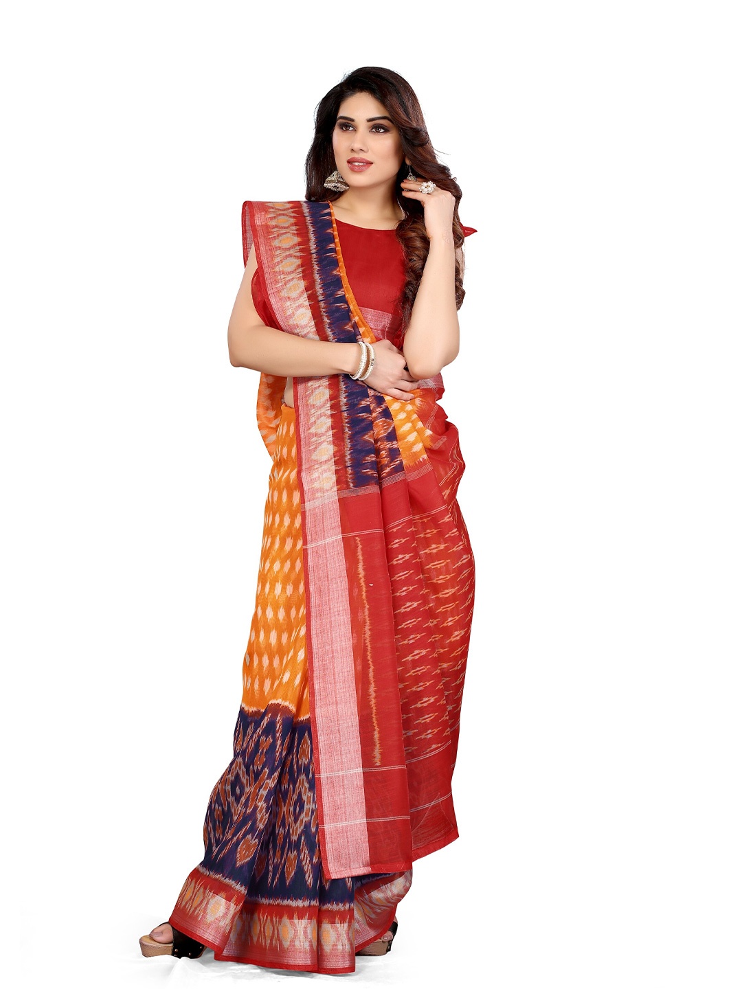 

KALINI Mustard & Red Zari Ikat Saree