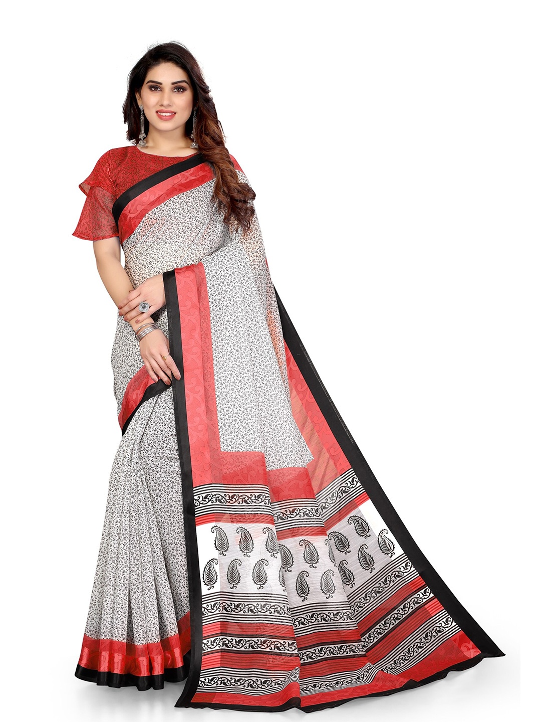 

KALINI White & Red Floral Printed Bagh Saree