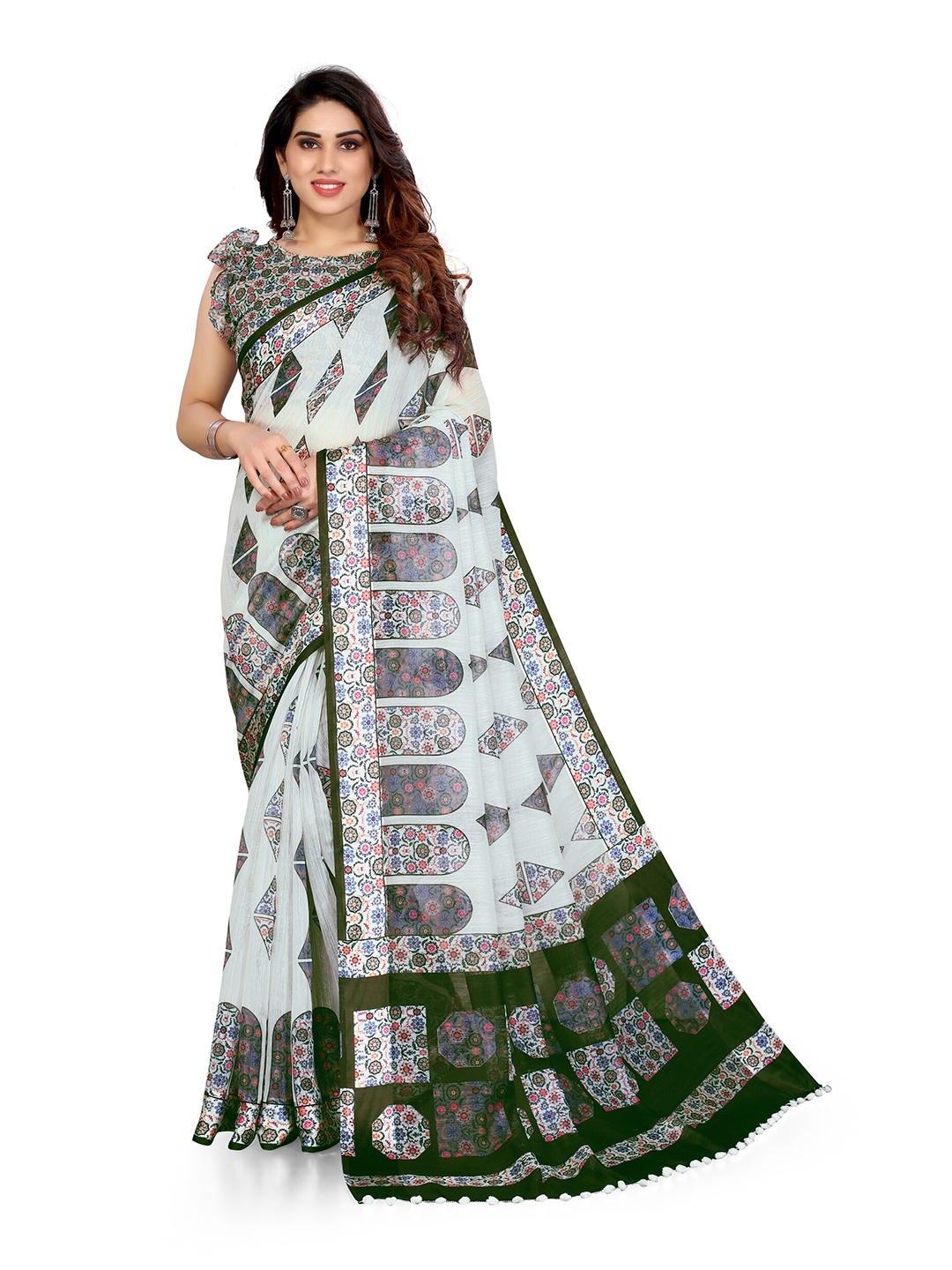 

KALINI Off White & Green Floral Bagh Saree