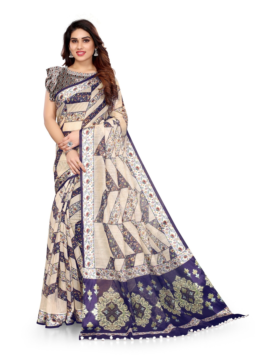 

KALINI Beige & Navy Blue Floral Bagh Saree