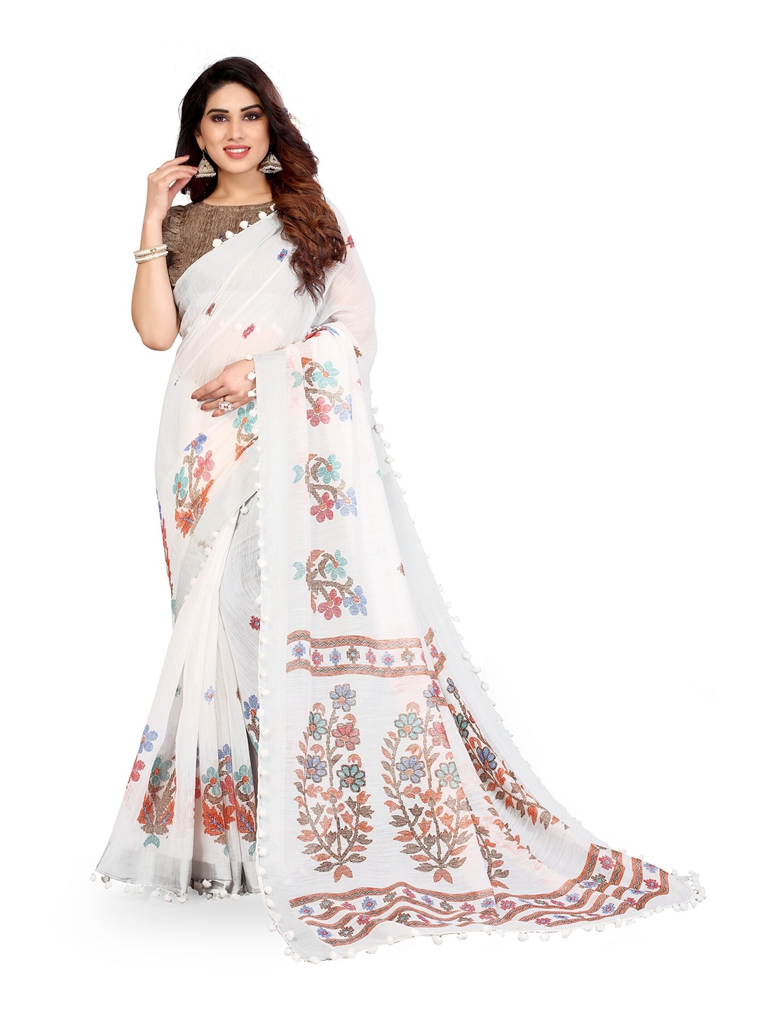 

KALINI White & Blue Floral Zari Bagh Saree
