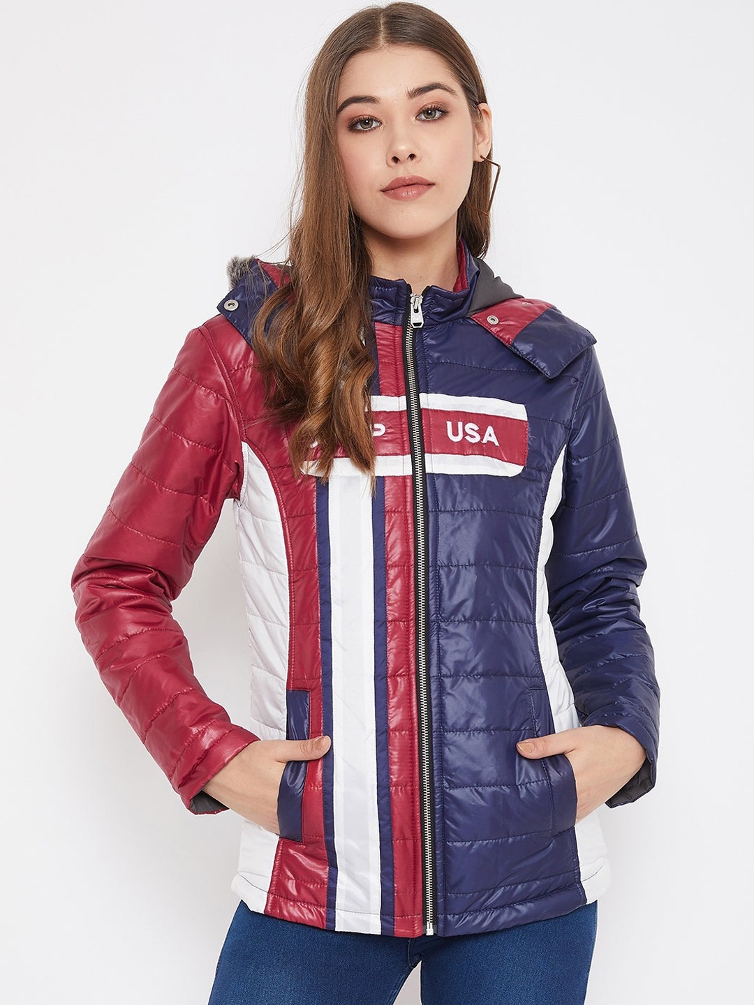 

JUMP USA Women White Blue Colourblocked Padded Jacket