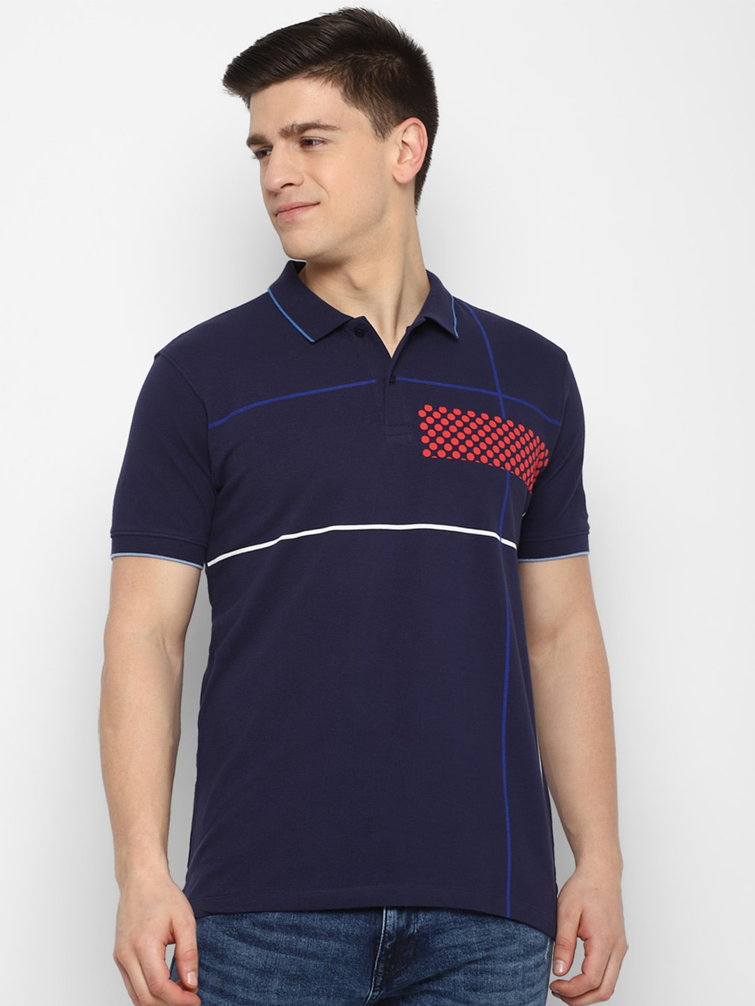 

Allen Solly Sport Men Navy Blue Printed Polo Collar Pure Cotton T-shirt