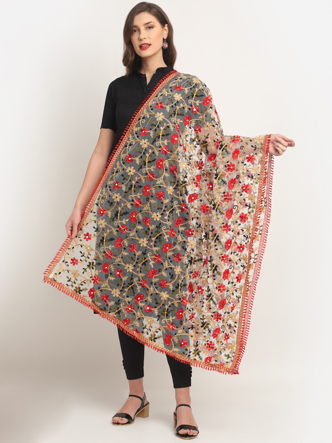 

Sugathari Multicoloured Ethnic Motifs Embroidered Kalamkari Dupatta with Mirror Work, Multi