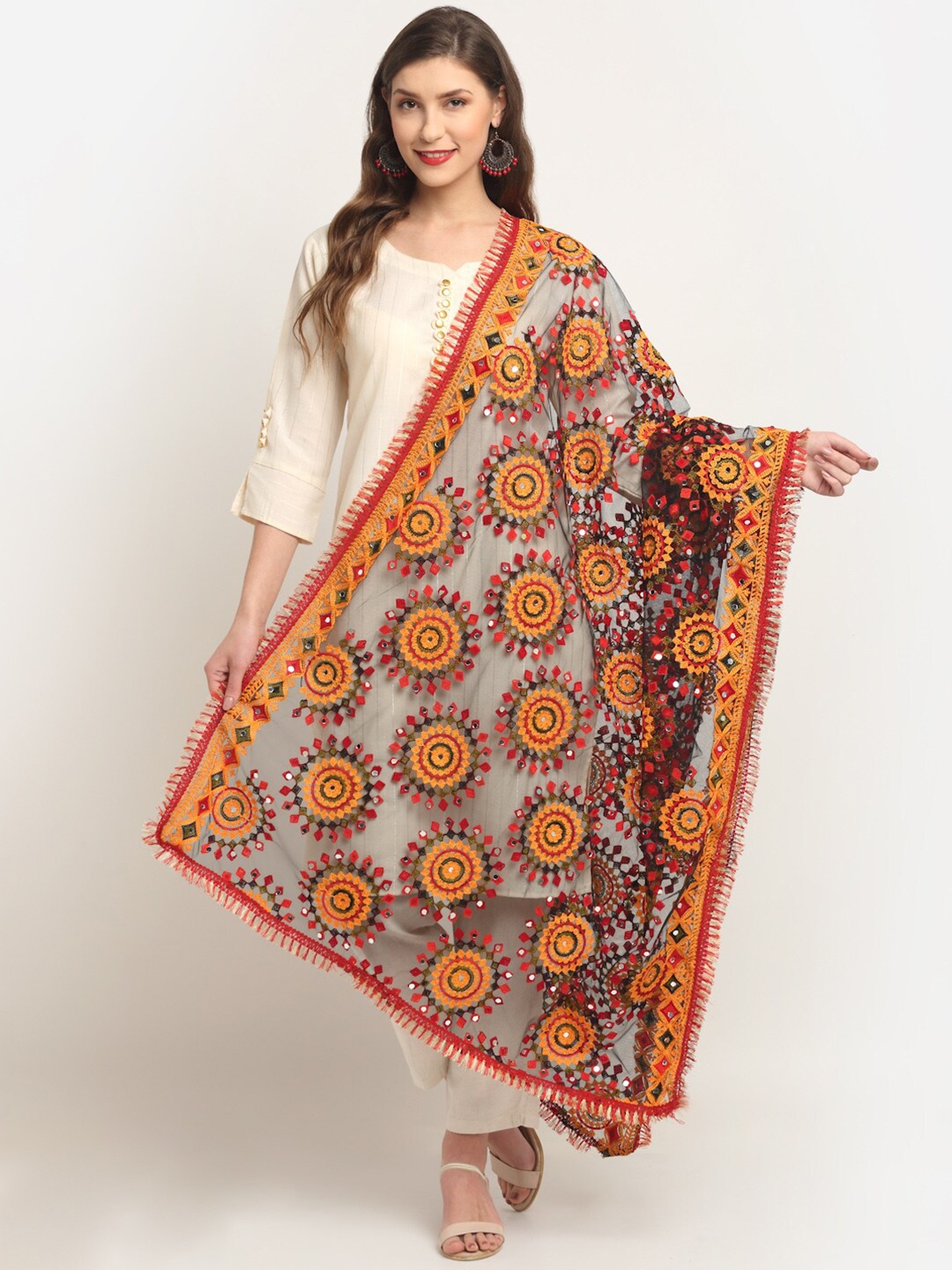 

Sugathari Black & Orange Ethnic Motifs Embroidered Kalamkari Dupatta with Mirror Work