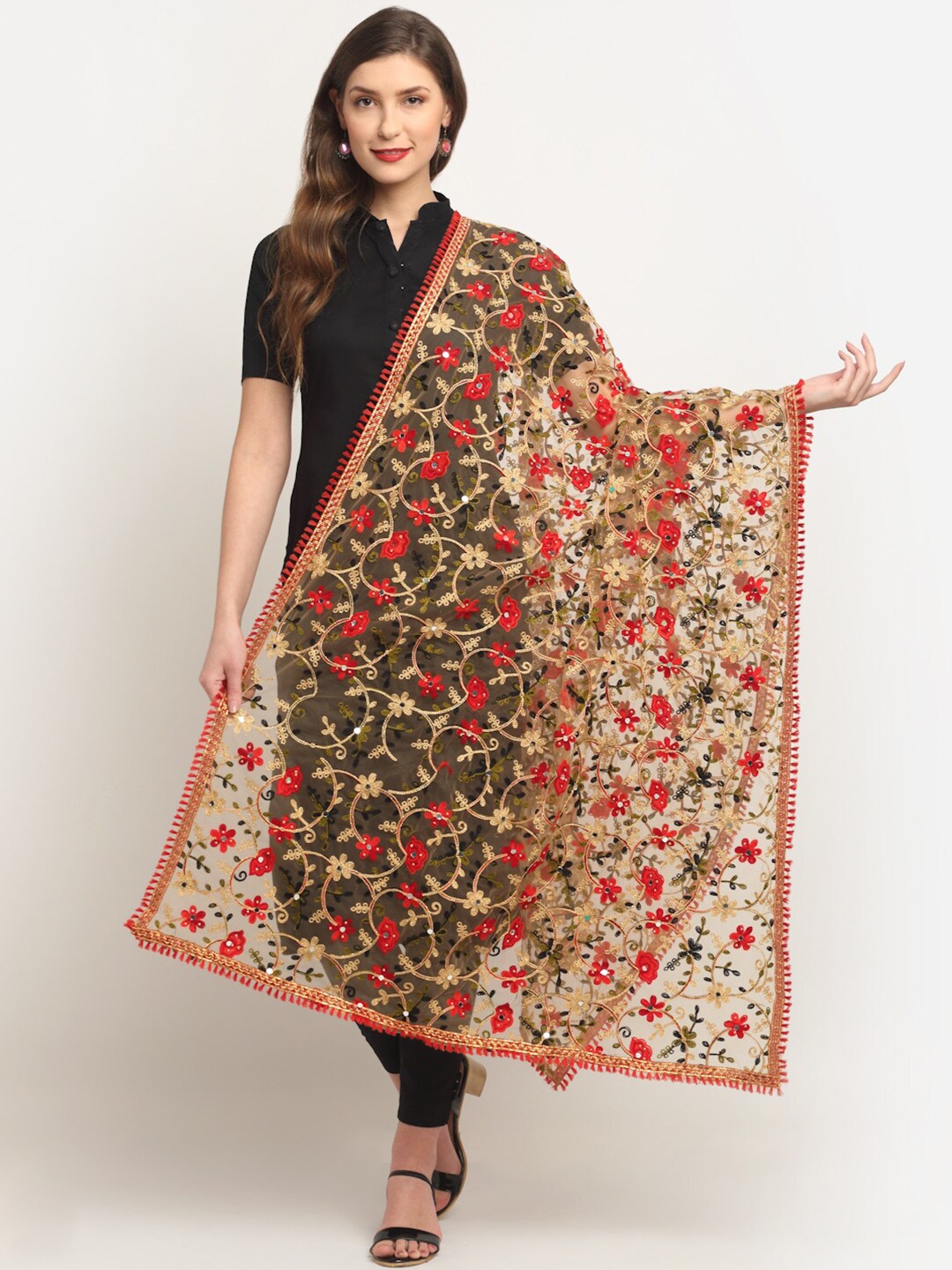 

Sugathari Beige & Red Ethnic Motifs Embroidered Dupatta with Thread Work