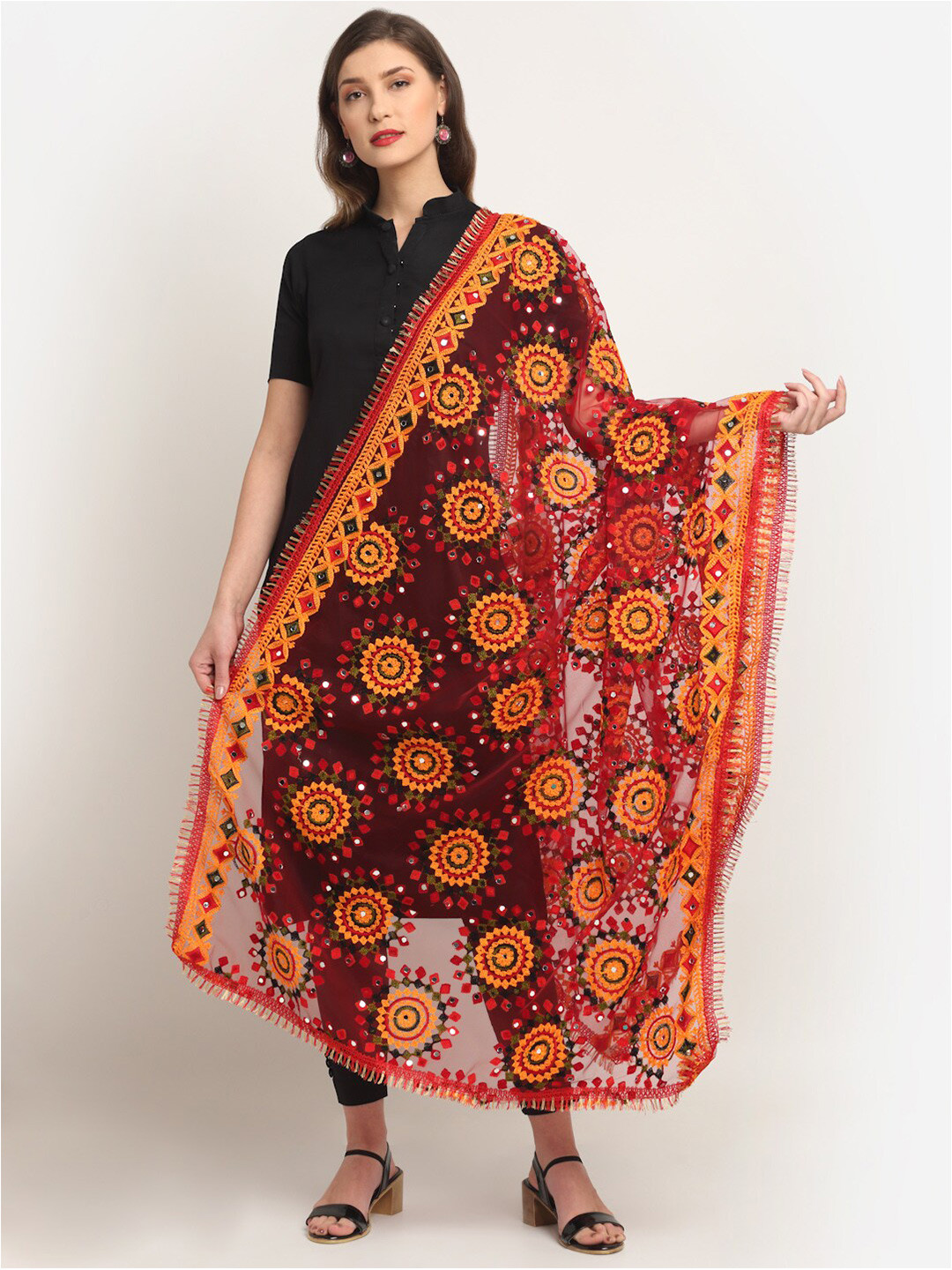 

Sugathari Red & Orange Ethnic Motifs Embroidered Dupatta with Mirror Work