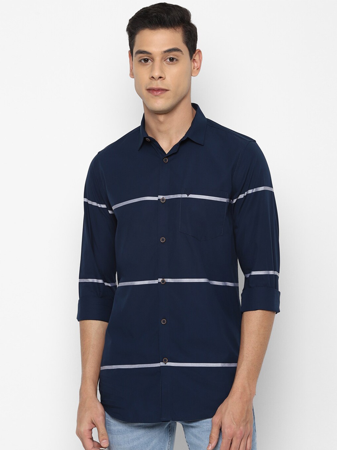 

Allen Solly Men Navy Blue Slim Fit Horizontal Striped Pure Cotton Casual Shirt