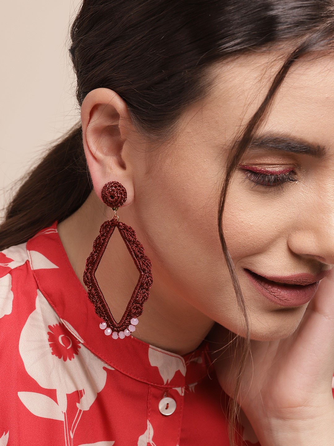 

Sangria Maroon Beaded Diamond Shaped Crochet Drop Earrings