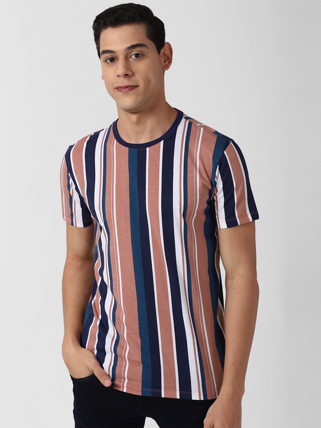 

Peter England Casuals Men Mauve & Blue Pure Cotton Striped Slim Fit T-shirt
