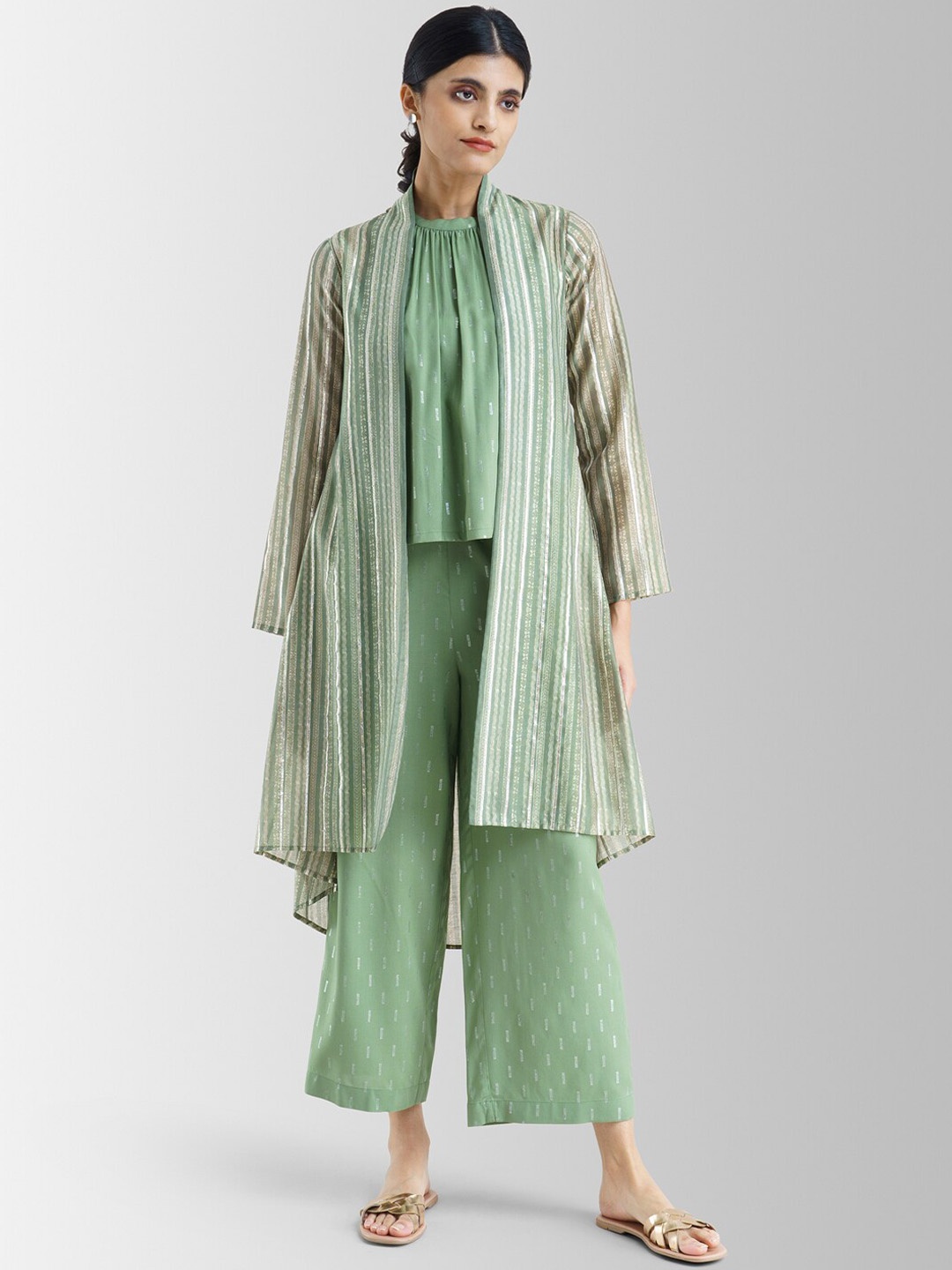 

Pink Fort Women Green Striped Longline Open Front Jacket