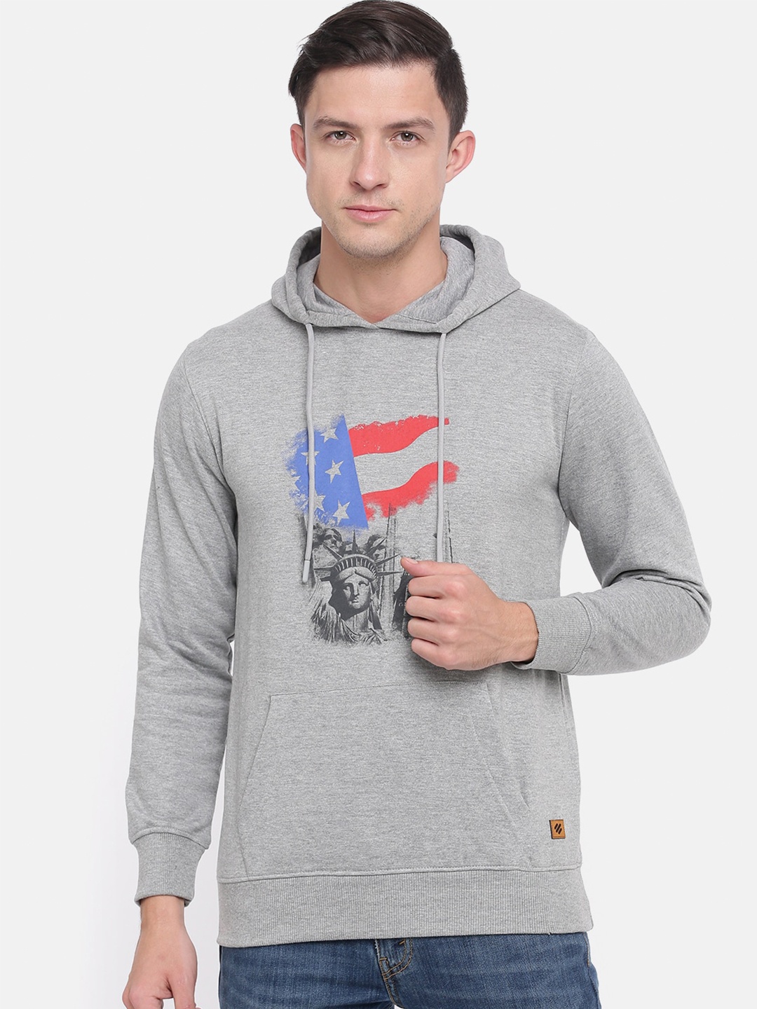 

ONN Men Grey Melange & Blue Printed Cotton Hooded Sweatshirt