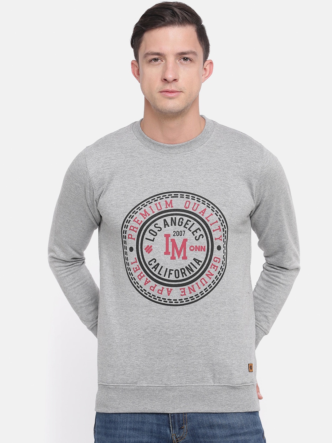 

ONN Men Grey Melange & Pink Printed Cotton Sweatshirt