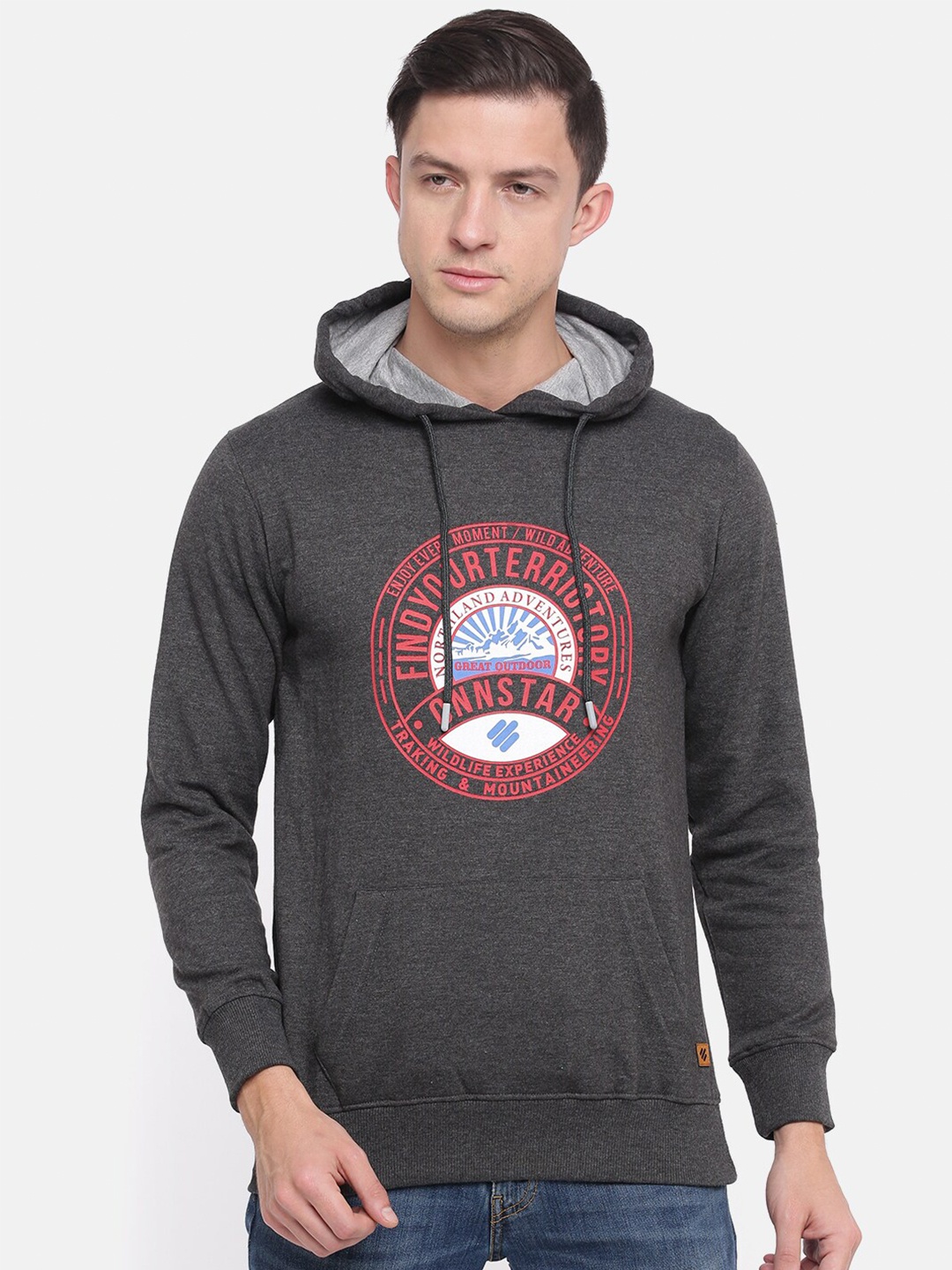 

ONN Men Charcoal Grey Printed Hooded Sweatshirt