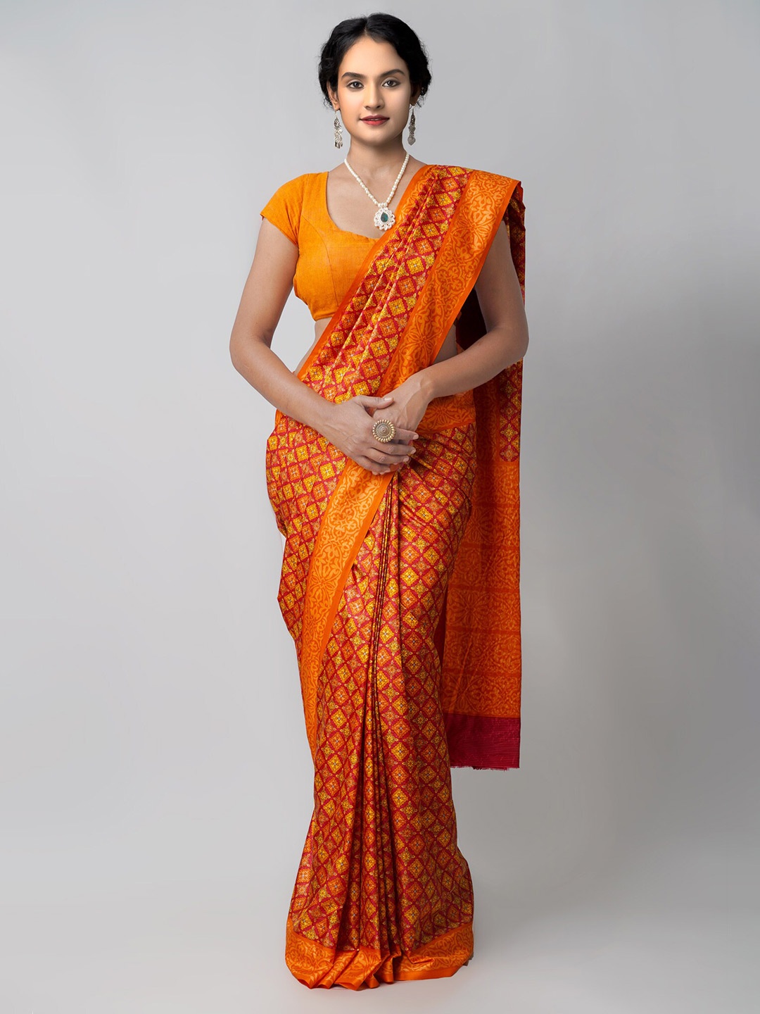 

Unnati Silks Red & Yellow Ethnic Motifs Printed Silk Blend Mysore Silk Saree