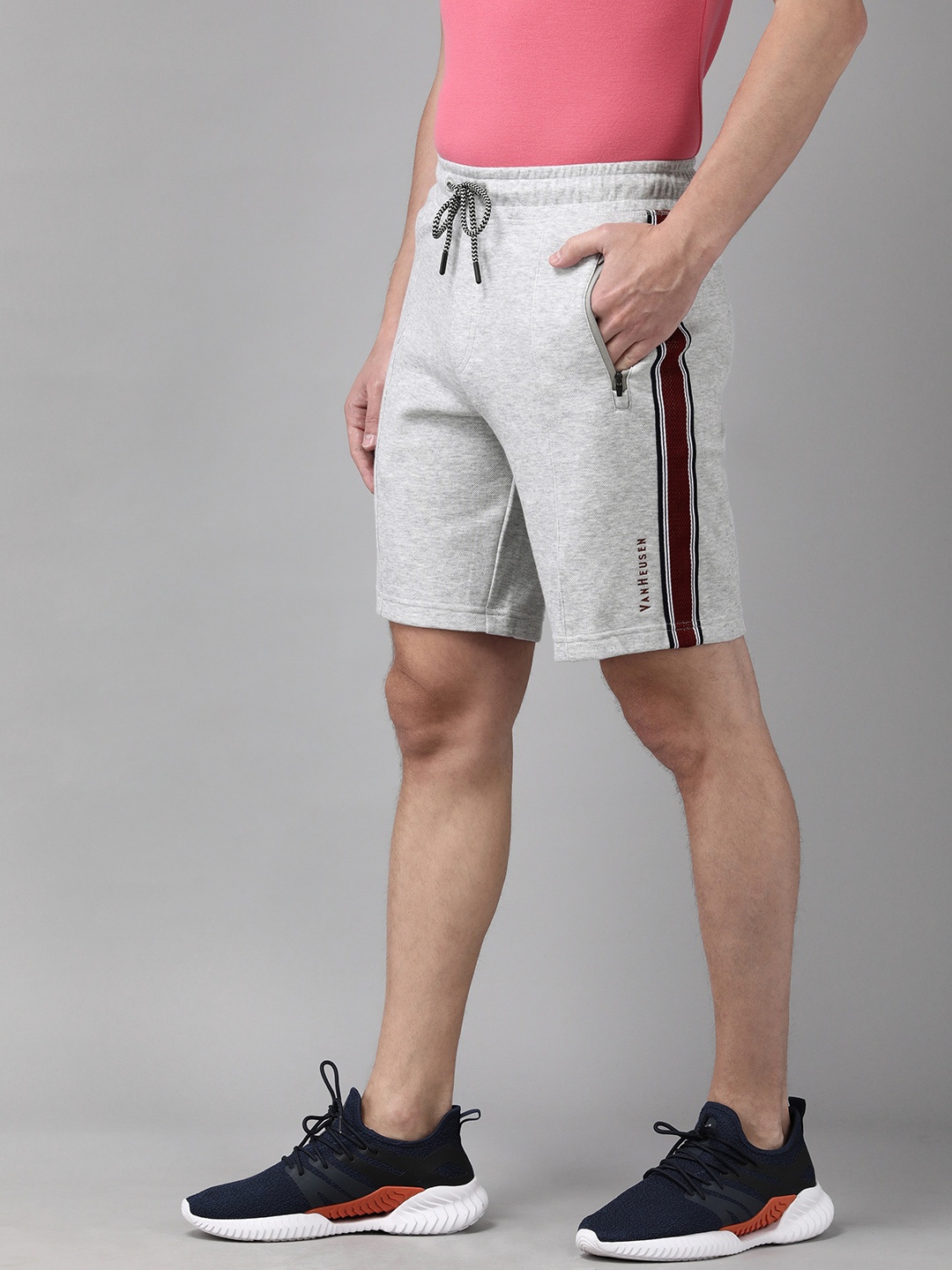

Van Heusen Athleisure Men Solid Breathable Zipper Pocket Knit Shorts, Grey melange