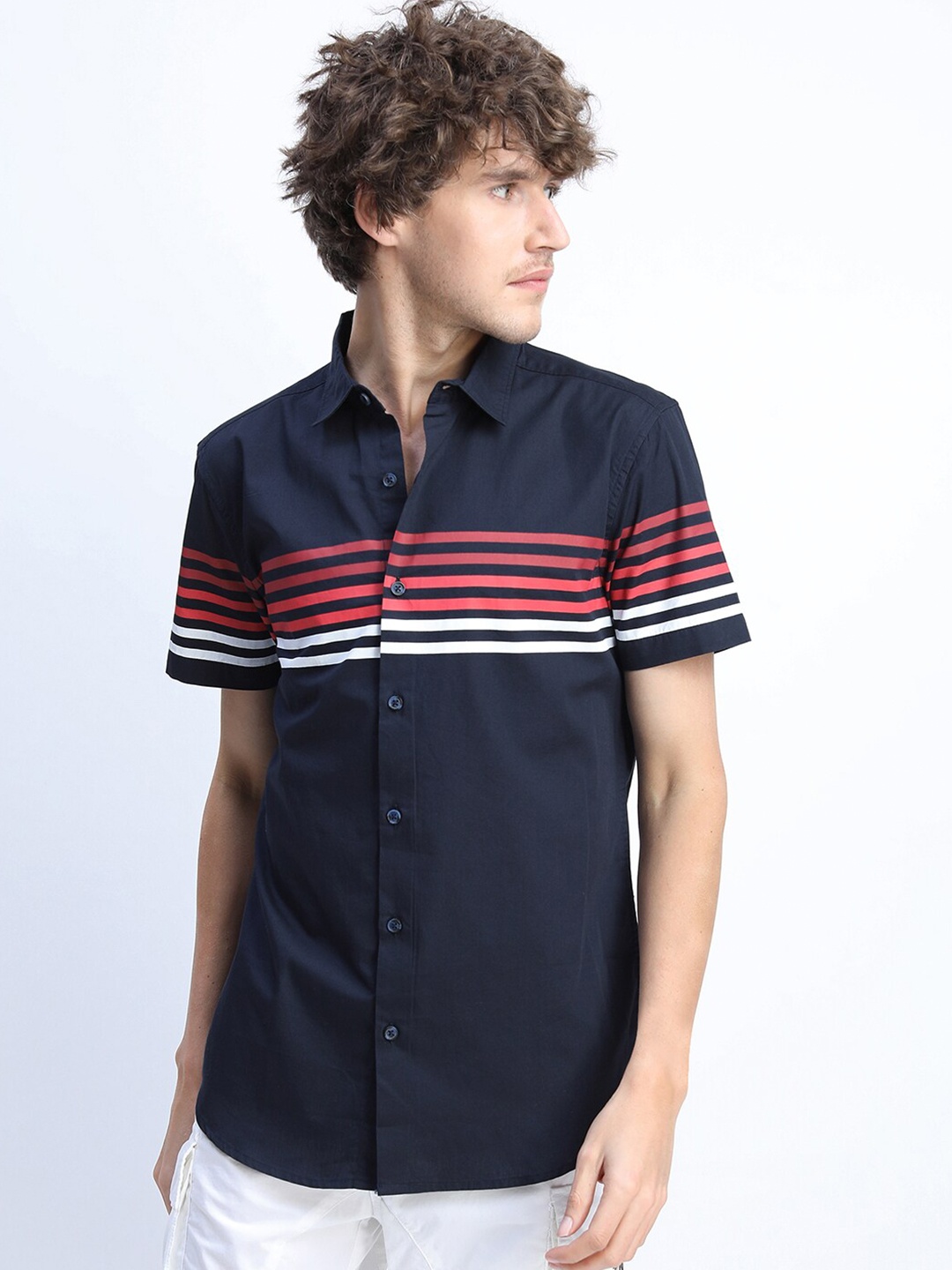 

HIGHLANDER Men Navy Blue Slim Fit Horizontal Stripes Printed Casual Shirt