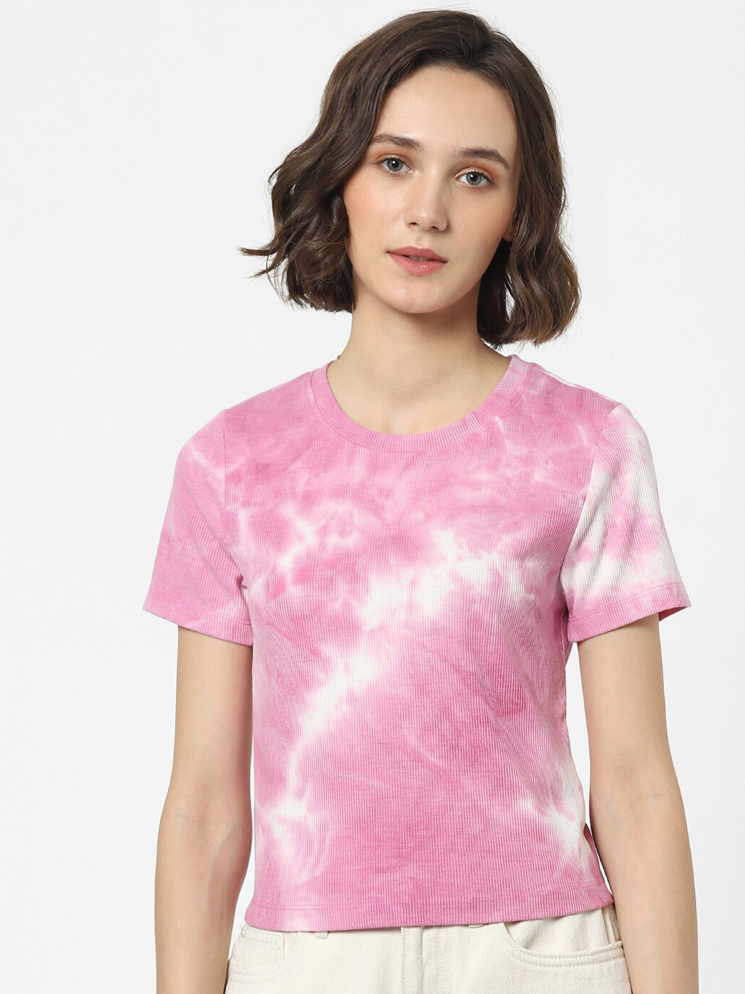 

ONLY Women Pink & White Tie and Dye Printed T-shirt