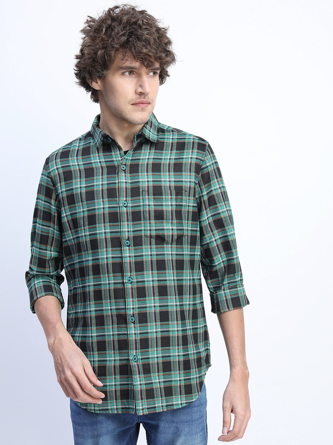 KETCH Men Green Slim Fit Tartan Checks Checked Casual Shirt