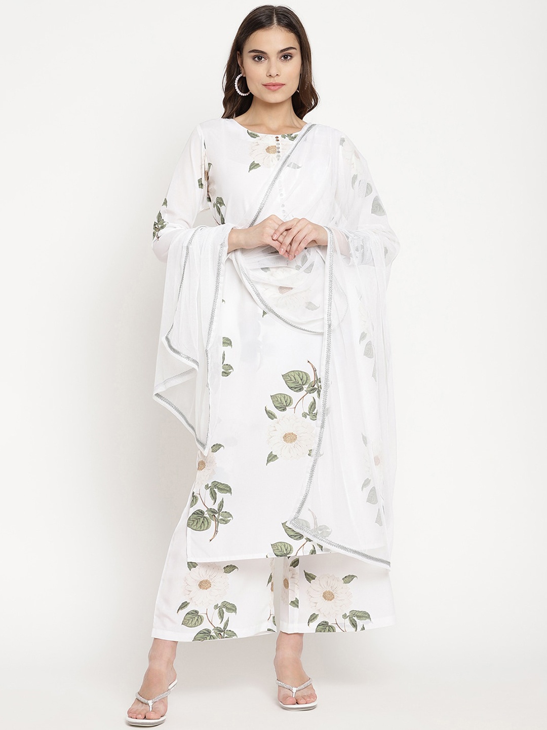 

Ahalyaa Women White Floral Printed Sequinned Kurta with Palazzos & Dupatta