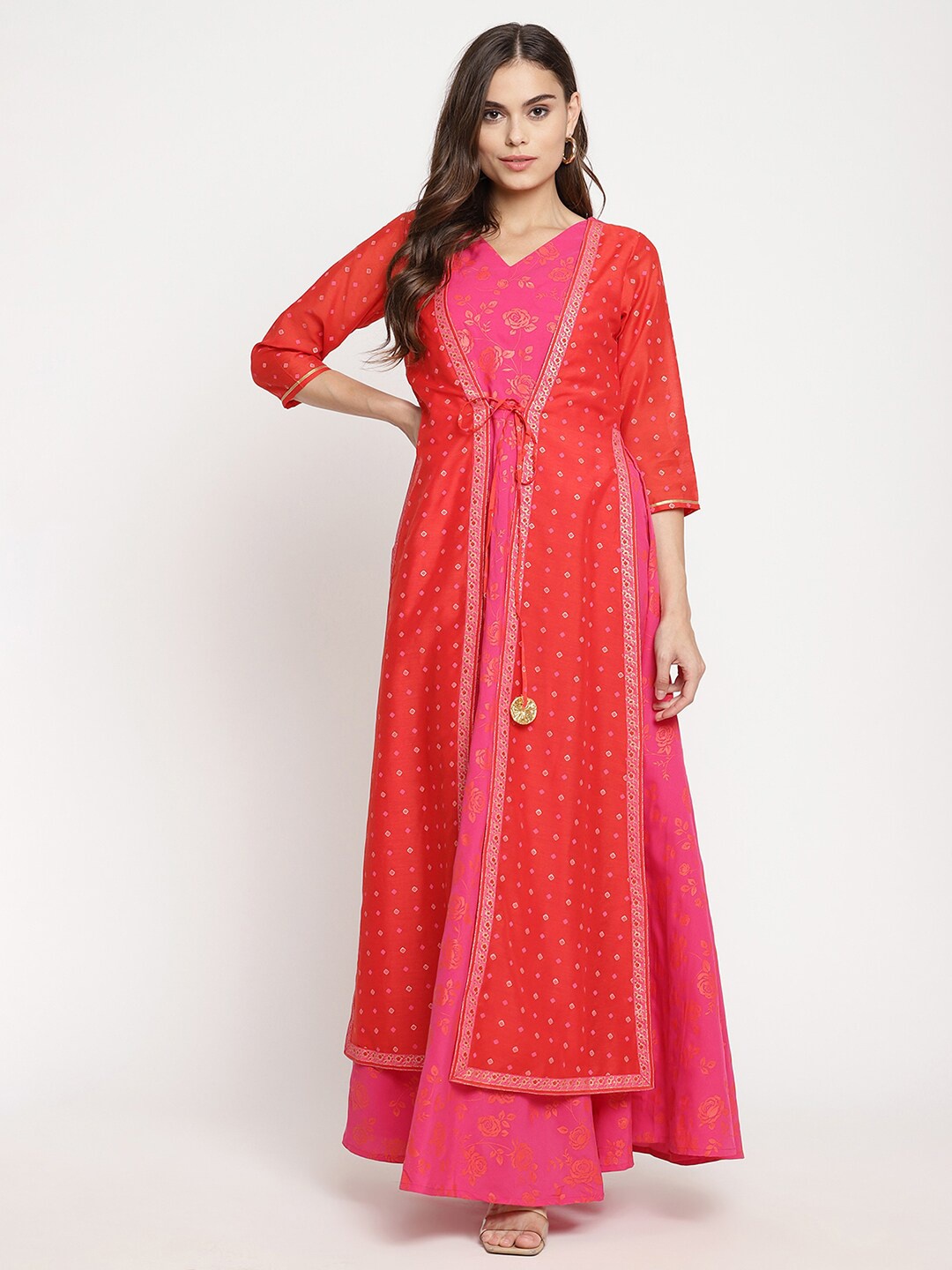 

Ahalyaa Pink Ethnic Motifs Layered Maxi Dress
