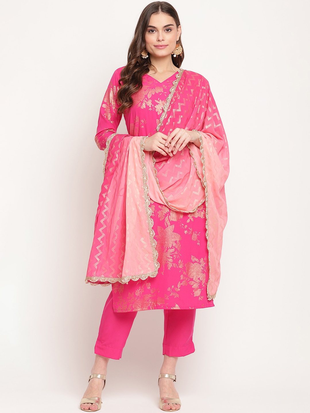 

Ahalyaa Women Pink Floral Kurta & Trousers With Dupatta