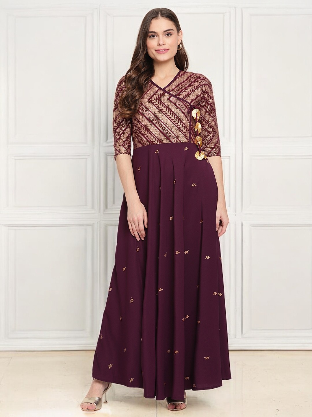 

Ahalyaa Burgundy Ethnic Motifs Ethnic Maxi Dress