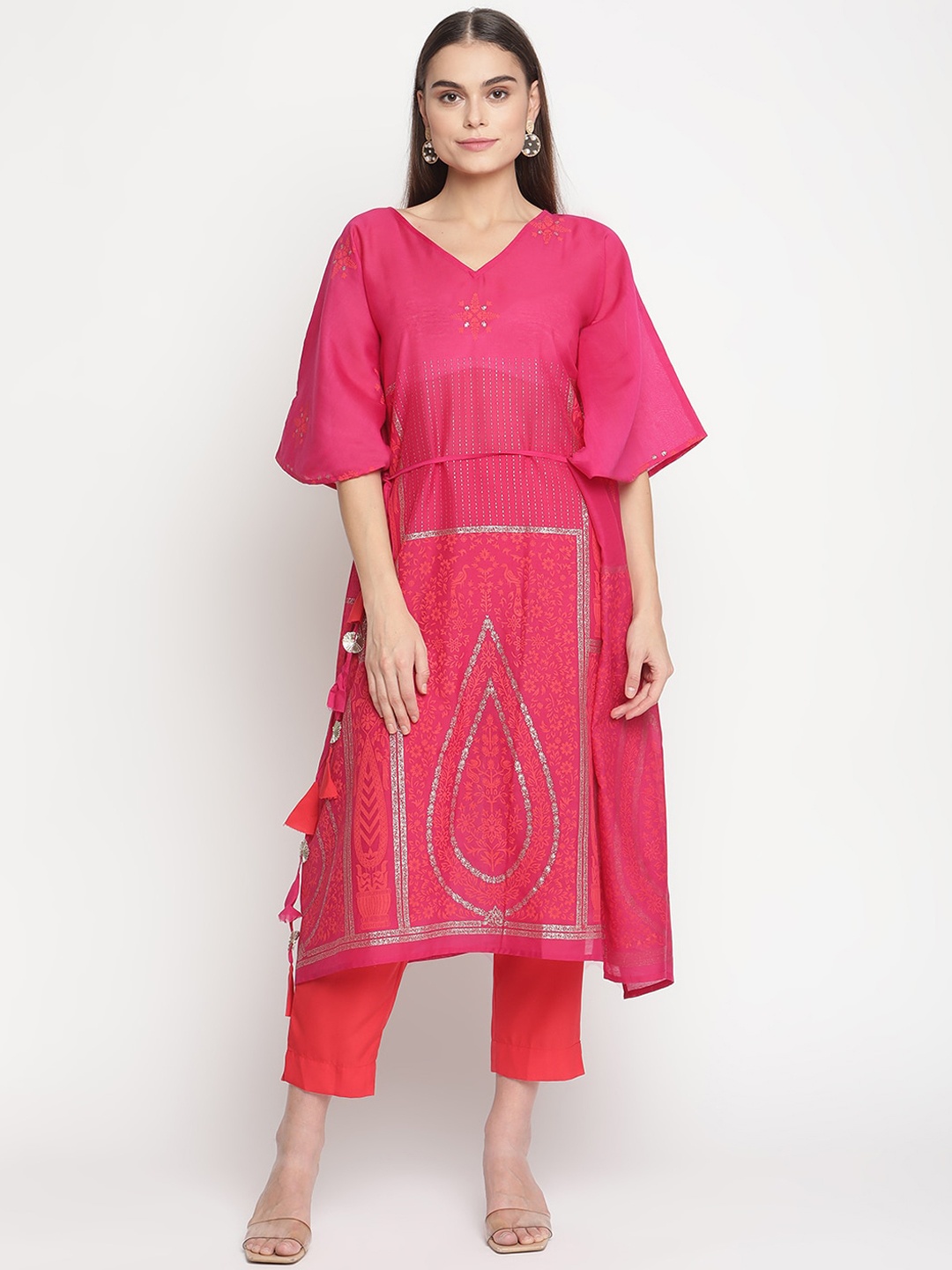 

Ahalyaa Women Pink Printed Chanderi Kaftan Kurta with Trousers
